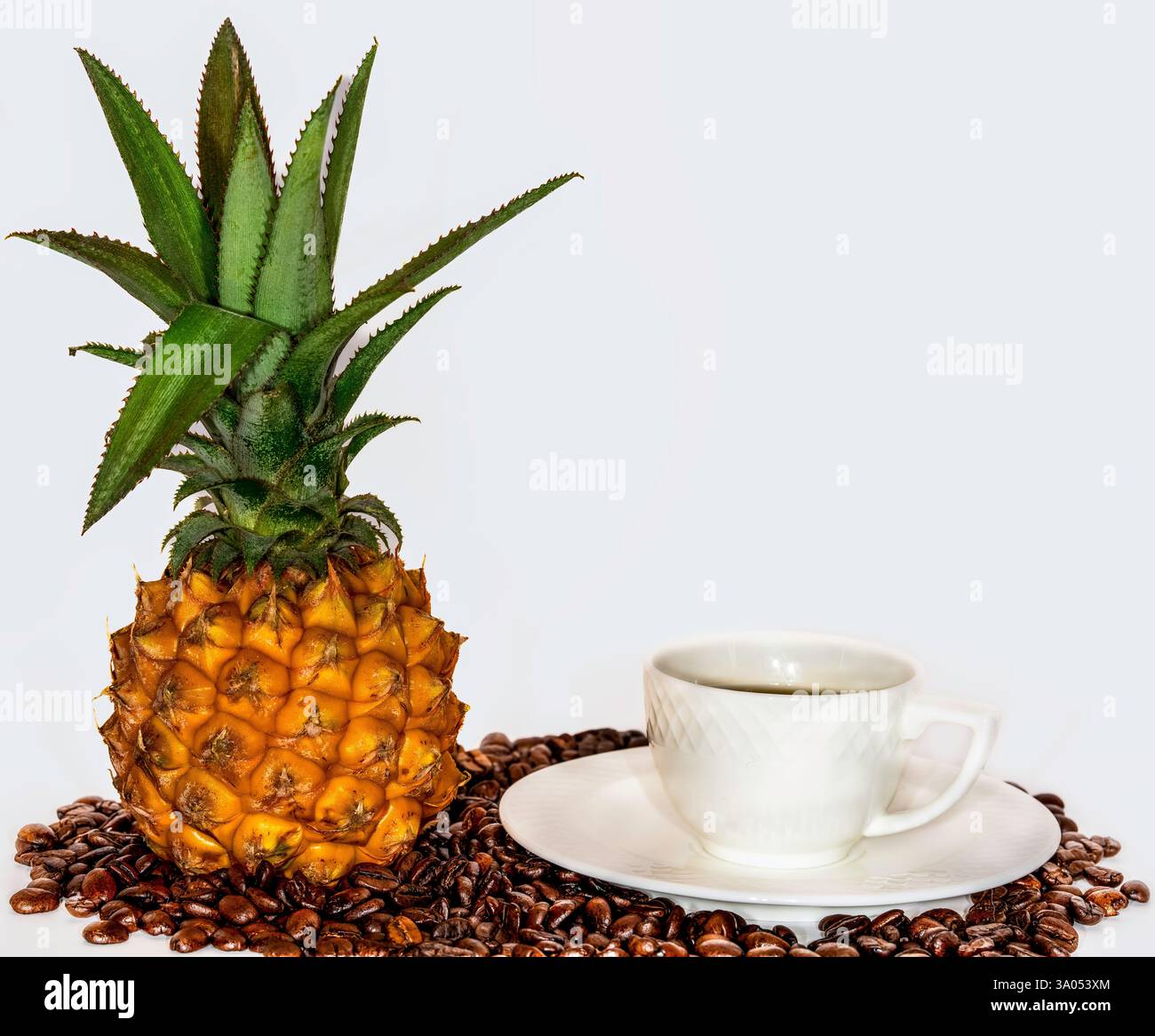 Exotique Mini ananas et élégante tasse de café blanc sur une soucoupe, placé sur un lit de grains de café torréfiés sur un fond blanc propre Banque D'Images