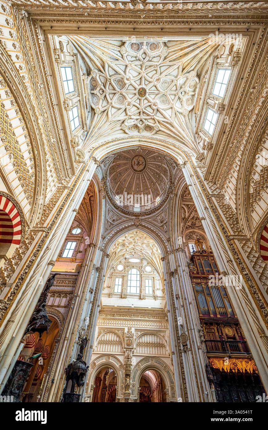 Section cathédrale espagnole de la mosquée-cathédrale de Cordoue avec dôme Renaissance monumental, détails baroques et splendeur architecturale andalouse Banque D'Images