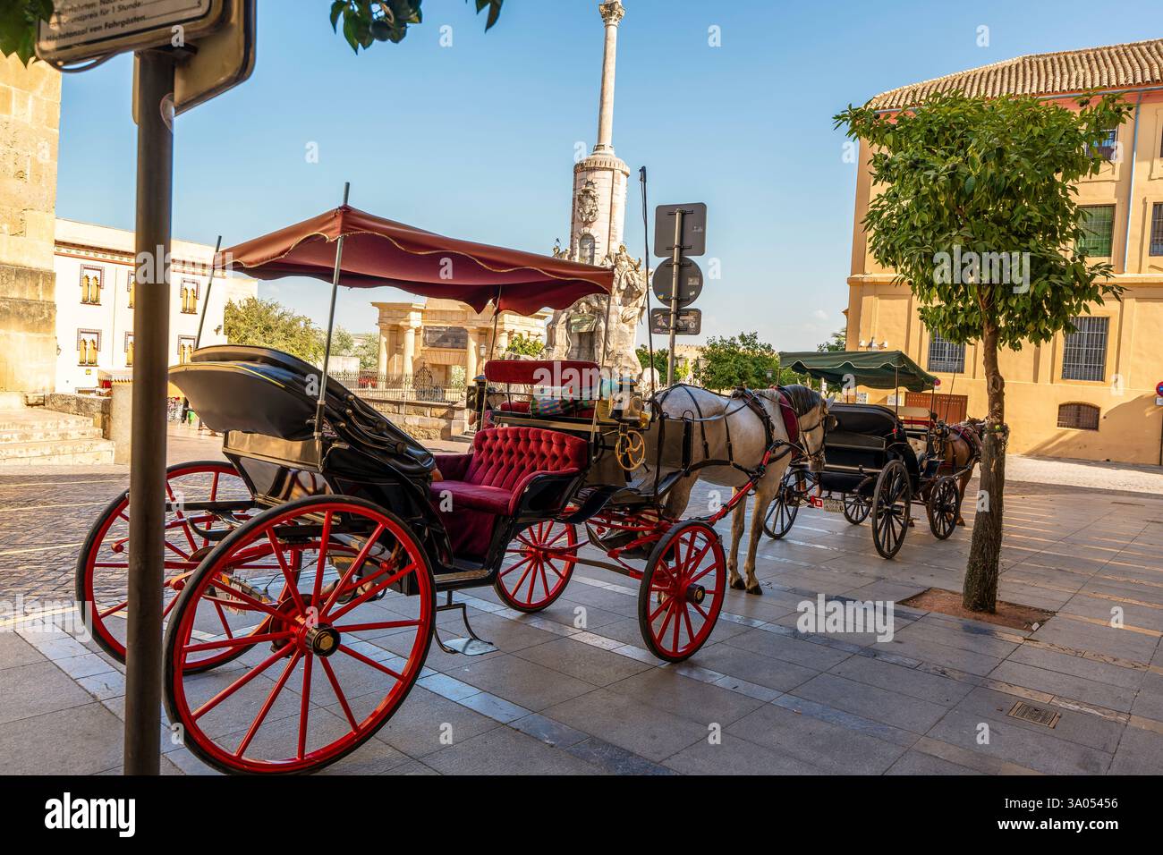 Calèche tirée par des chevaux dans le centre historique de Córdoba près de Puerta del Puente, mettant en valeur la tradition espagnole du vieux monde sous le soleil andalou Banque D'Images