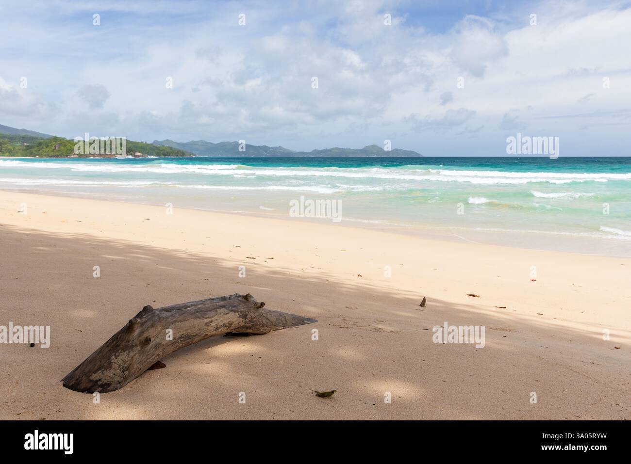 Paysage de plage tropicale sereine avec du sable mou, du bois flotté au premier plan et des eaux turquoises tranquilles sous un ciel partiellement nuageux, évoquant relaxati Banque D'Images