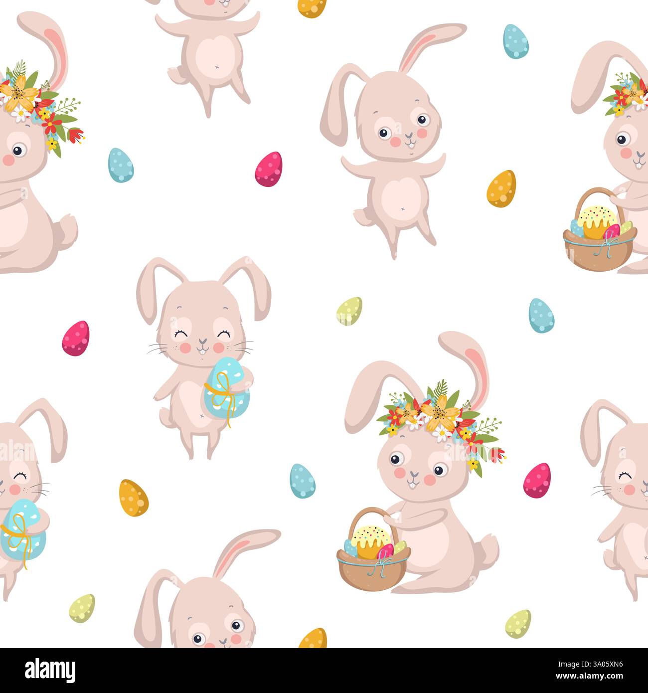 Modèle sans couture de Pâques avec des lapins, des œufs, des tartes de pâques et des fleurs sur fond blanc. Illustration vectorielle EPS10 Illustration de Vecteur