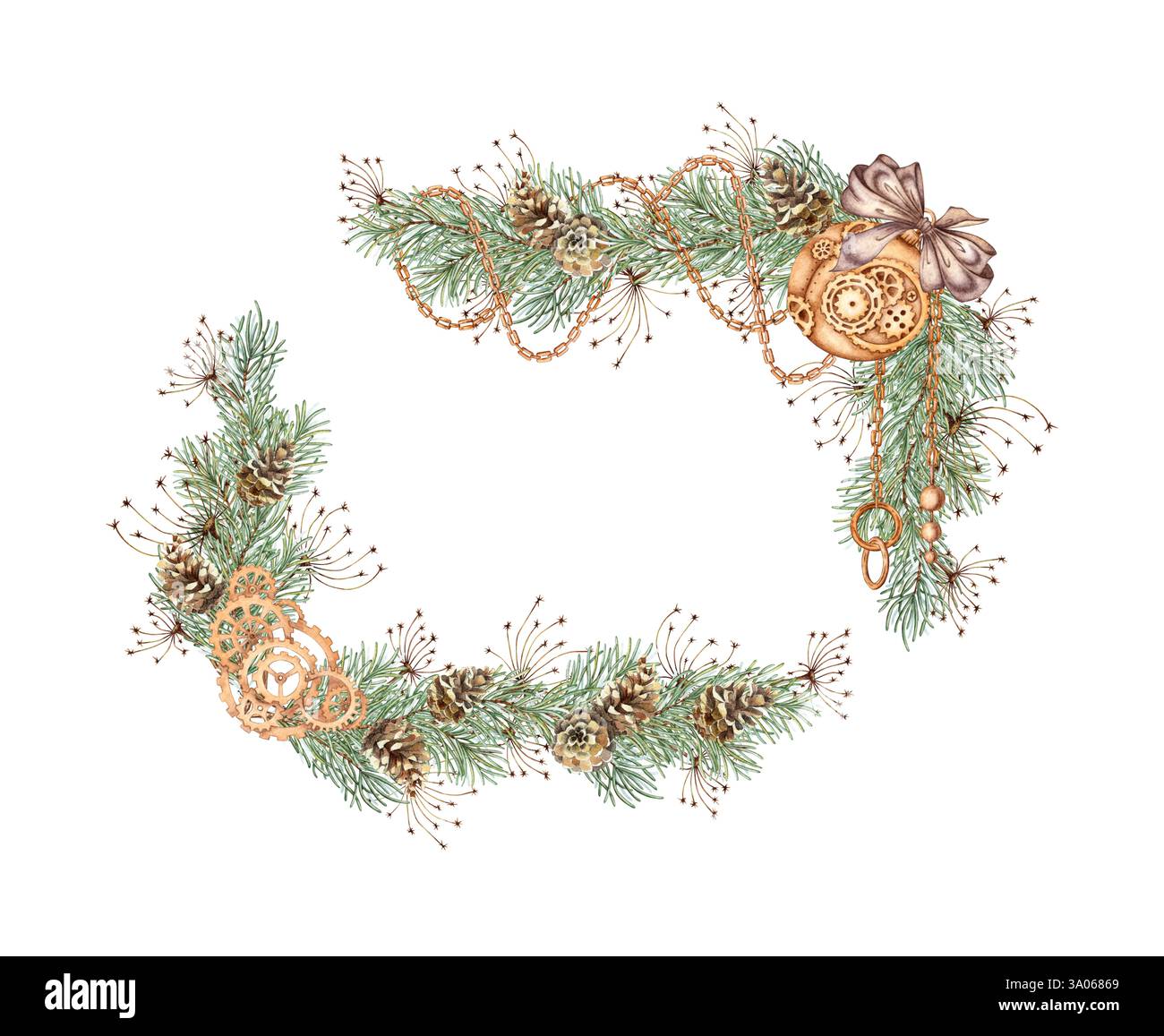 Branches de sapin avec arc brun, herbe, chaînes, boule, engrenages et illustration aquarelle bling. Plantes forestières pour l'hiver, Noël et le décor du nouvel an. I Banque D'Images
