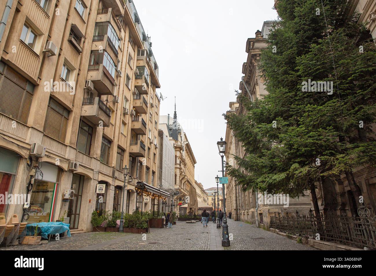 Bucarest, Roumanie - 31 décembre 2024 : Stavropoleos rue de la vieille ville situé dans le centre-ville et est connu pour sa vie nocturne. Vue sur la rue avec vieux b Banque D'Images