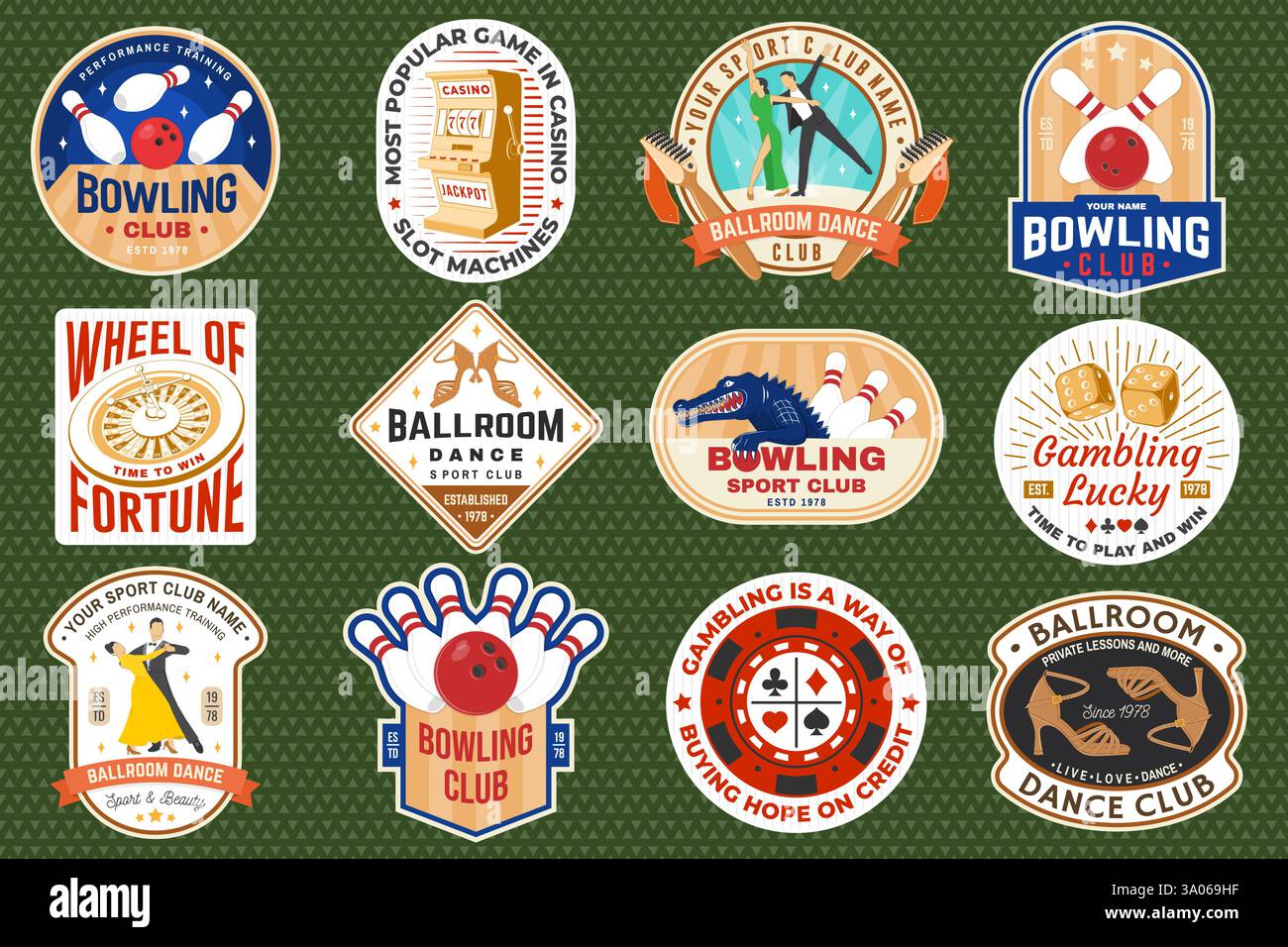 Jeux d'argent, danse de salle et clubs de bowling autocollants, logos, badges, patch. Stikers avec un couple dansant de salle de bal, roue de la fortune, deux dés Illustration de Vecteur Jeux d'argent, danse de salle et clubs de bowling autocollants, logos, badges, patch. Stikers avec un couple dansant de salle de bal, roue de la fortune, deux dés Illustration de Vecteur