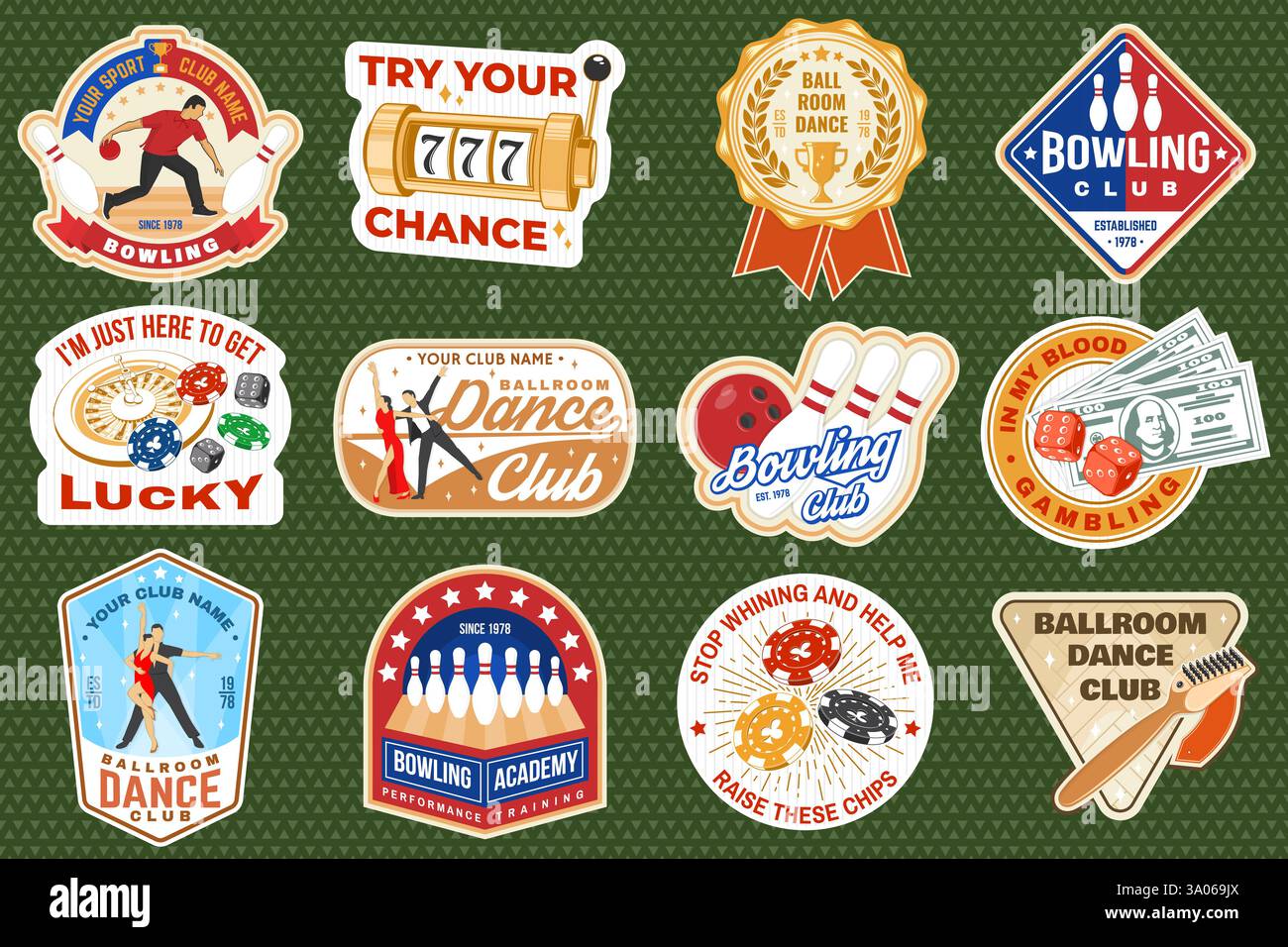 Jeux d'argent, danse de salle et clubs de bowling autocollants, logos, badges, patch. Stikers avec un couple dansant de salle de bal, roue de la fortune, deux dés Illustration de Vecteur Jeux d'argent, danse de salle et clubs de bowling autocollants, logos, badges, patch. Stikers avec un couple dansant de salle de bal, roue de la fortune, deux dés Illustration de Vecteur