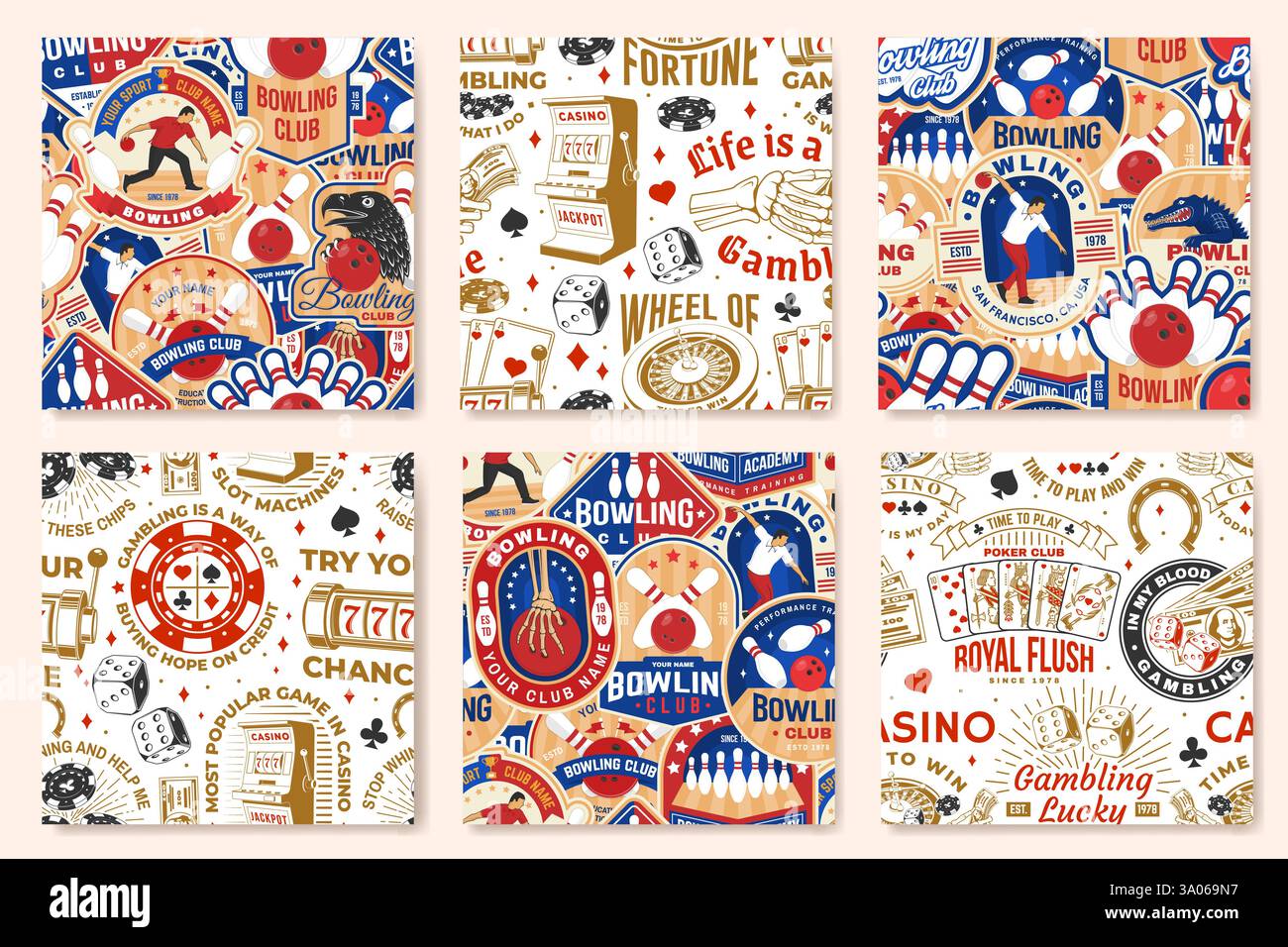 Jeu, casino et club de sports de bowling modèle sans couture. Fond, papier peint, modèle sans couture avec des quilles de bowling, crocodile, aigle, boule, roue de Illustration de Vecteur Jeu, casino et club de sports de bowling modèle sans couture. Fond, papier peint, modèle sans couture avec des quilles de bowling, crocodile, aigle, boule, roue de Illustration de Vecteur