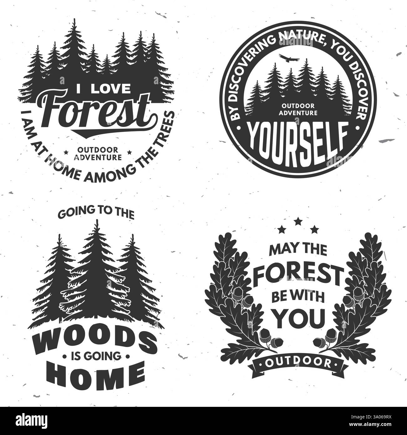 Logo d'aventure en plein air, conception d'écusson. Concept pour chemise ou logo, impression, timbre ou tee-shirt avec forêt, feuille de chêne et glands. Aventure en plein air dans la forêt Illustration de Vecteur