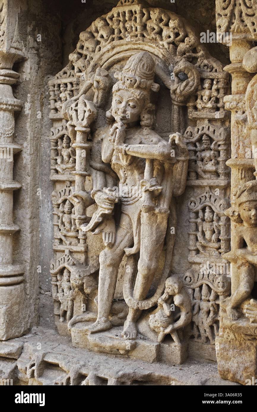 Chamunda, Rani ki vav, puits d'étape, sculpture sur pierre, Patan, Gujarat, Inde, Asie Banque D'Images