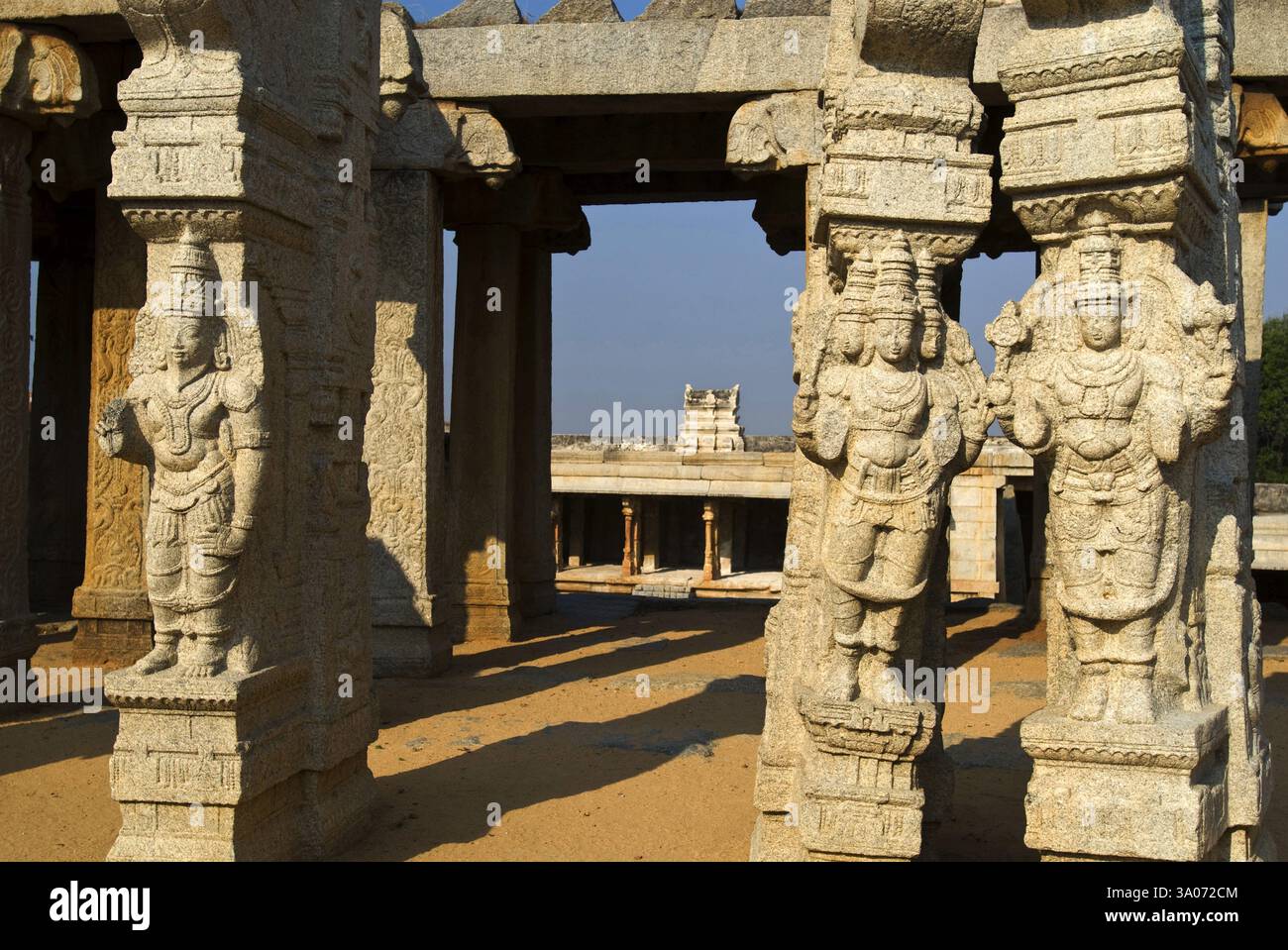 Salle de mariage ou Kalyana Mantapa avec des piliers monolithiques sculptés dans le temple Veerabhadra au XVIe siècle, Lepakshi Banque D'Images