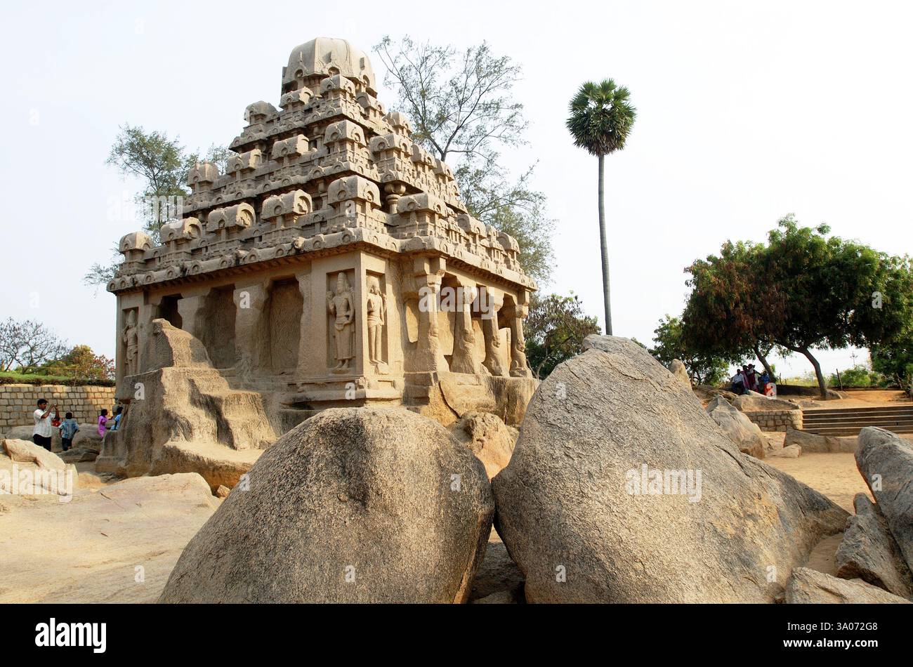 Cinq Rathas Pancha Rathas temple créé au VIIe siècle, Mahabalipuram Mamallapuram, Tamil Nadu, Inde, Asie Banque D'Images