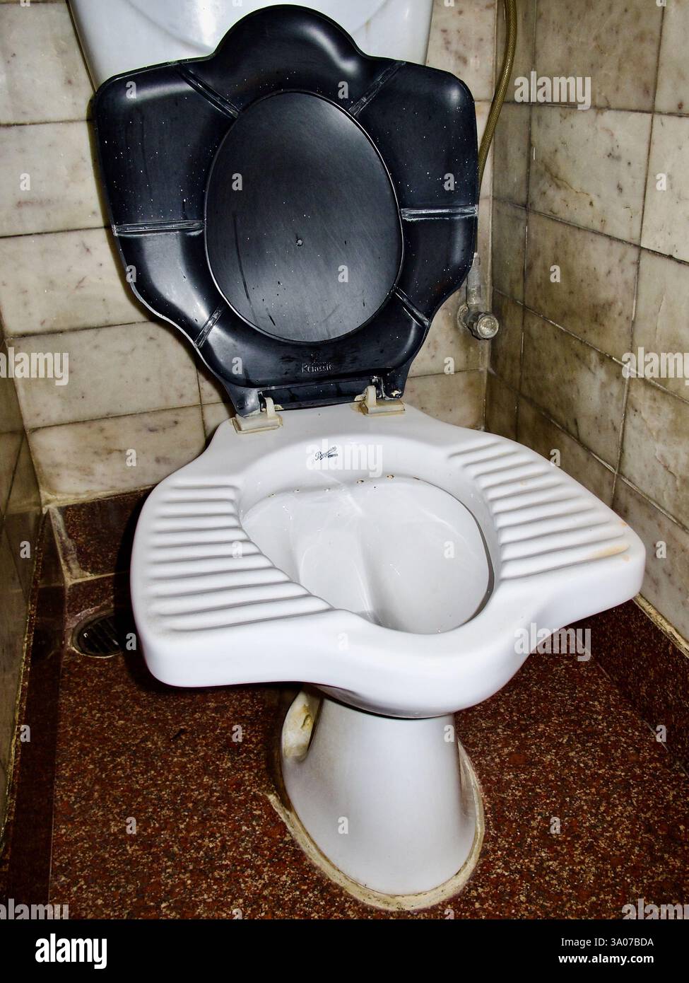 Une toilette squat hybride avec un siège de style occidental dans une salle de bain carrelée, illustrant l'infrastructure sanitaire et les variations de conception en Inde. Banque D'Images Une toilette squat hybride avec un siège de style occidental dans une salle de bain carrelée, illustrant l'infrastructure sanitaire et les variations de conception en Inde. Banque D'Images