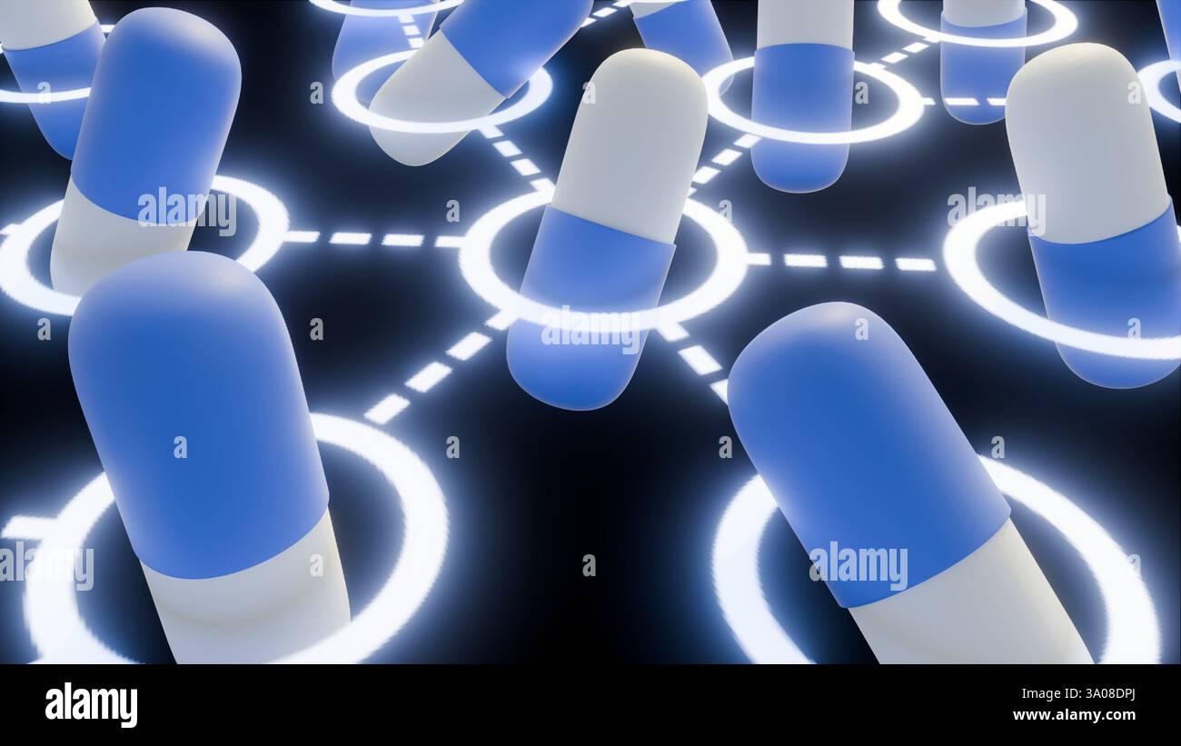 Une composition abstraite rendue en 3D mettant en vedette plusieurs pilules en forme de capsule bleue et blanche sur un fond sombre, interconnectées par un cercle lumineux Banque D'Images