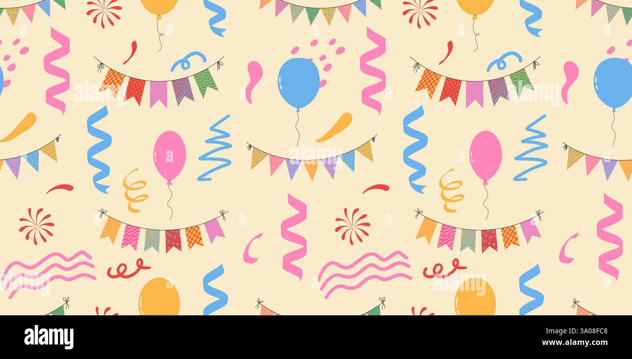 Guirlandes de drapeau avec ballons. Motif sans couture de banderoles pour anniversaire, carnaval et fête Illustration de Vecteur