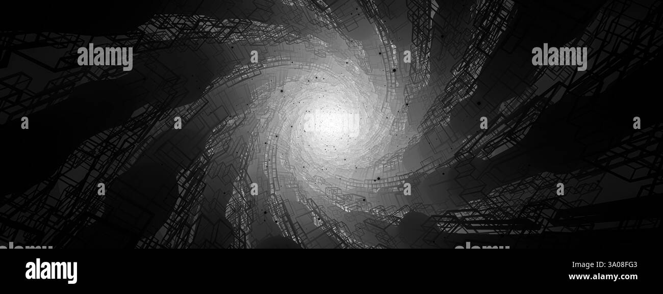 vortex tourbillonnant sans fin fait de structures filaires formant tunnel futuriste complexe avec une lumière centrale brillante donnant un numérique mystérieux et surréaliste Banque D'Images