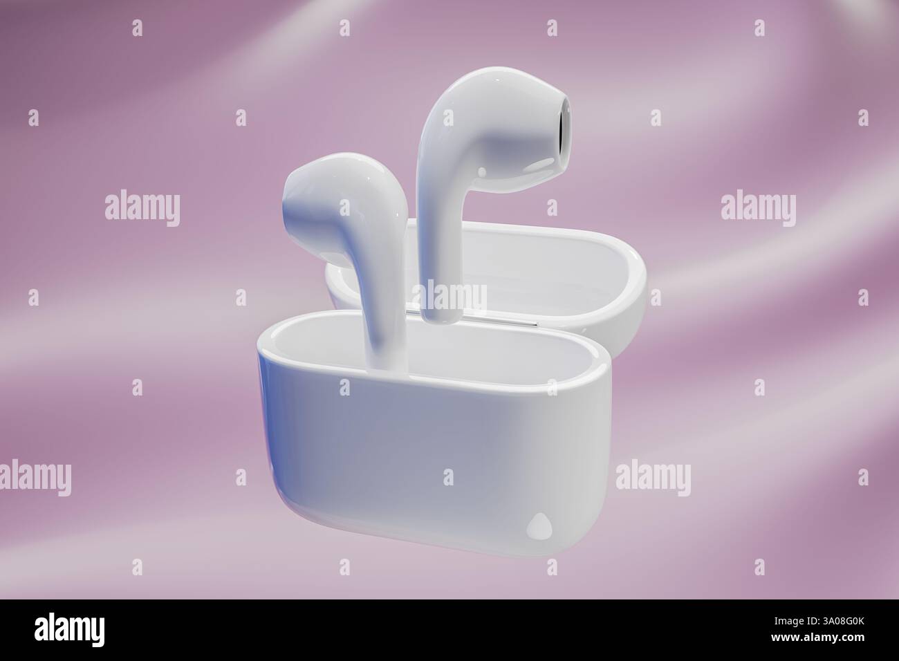 Réaliste illustration 3d écouteurs sans fil surface brillante blanche isolée lisse forme compacte boîte de chargement futuriste fond minimal tec numérique Banque D'Images