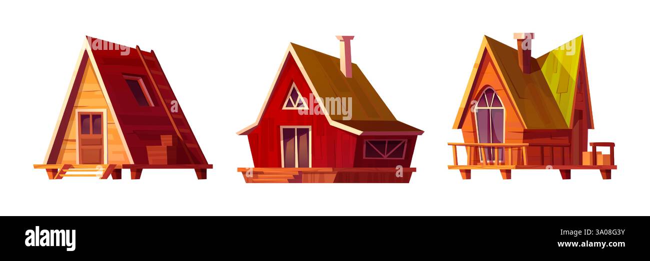 Maisons en bois en rondins ensemble isolé sur fond blanc. Illustration vectorielle de chalet de glamping de montagne, cabane de camp forestier, chalet de village avec patio, escaliers, portes vitrées, fenêtres, cheminée sur le toit Illustration de Vecteur