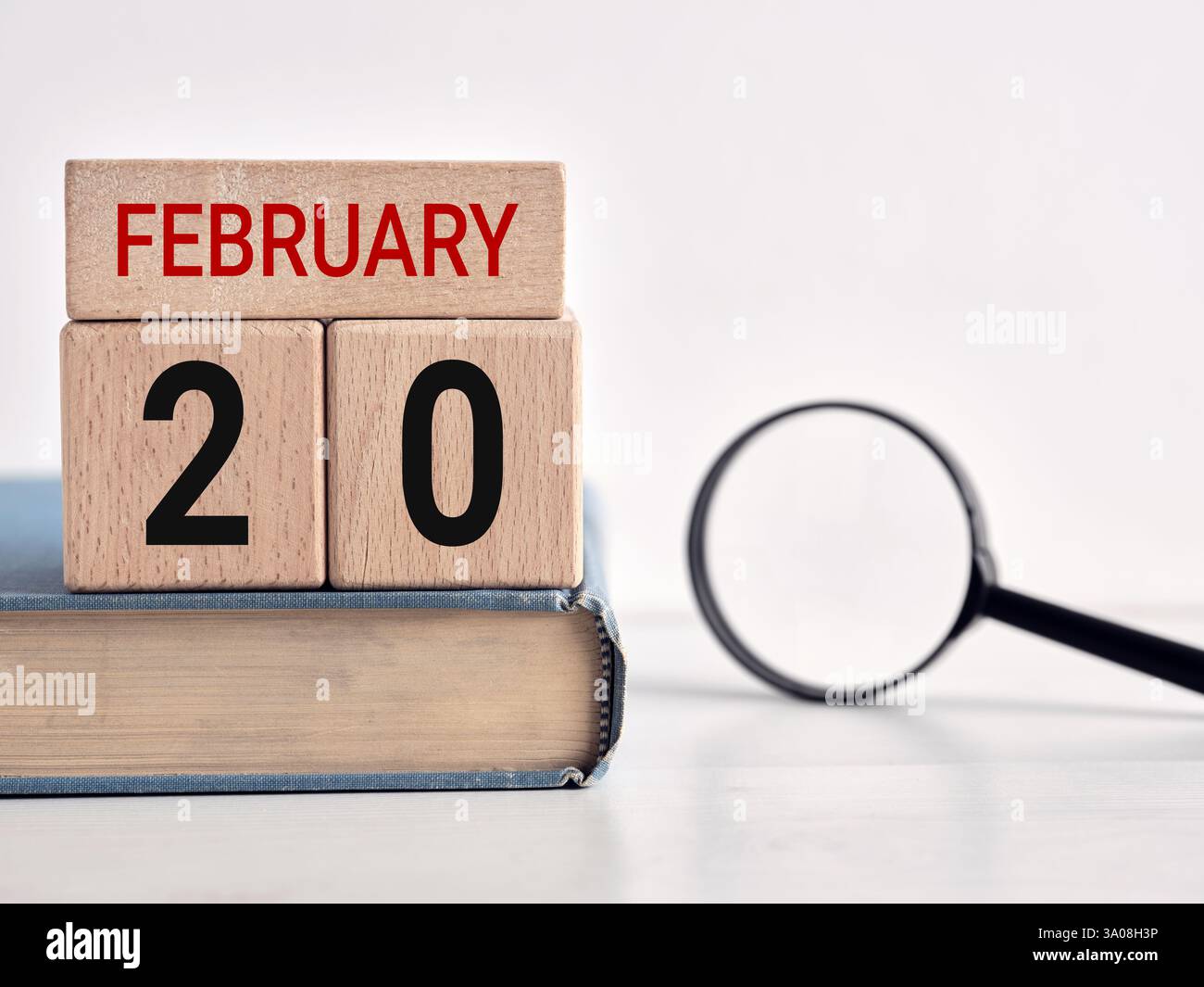 Calendrier en bois avec la date du 20 février, rappel pour la journée mondiale de la justice sociale. Banque D'Images