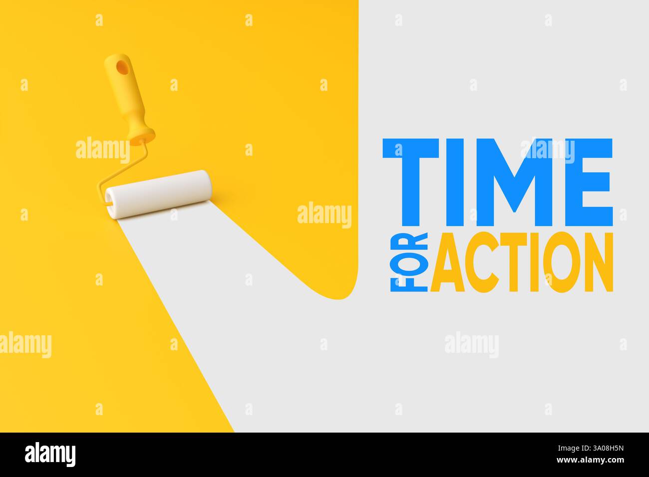 Concept de motivation pour agir. Rouleau de peinture peignant une bande blanche sur un mur jaune avec le texte Time for action. rendu 3d. Banque D'Images
