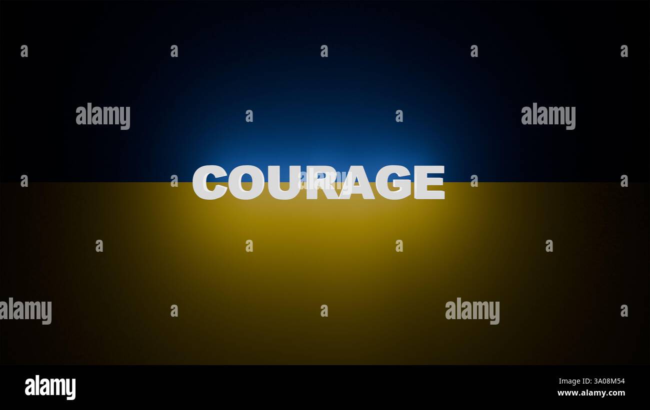 Le mot texte 3D courage sur le fond du drapeau de l'Ukraine brille dans l'obscurité Banque D'Images