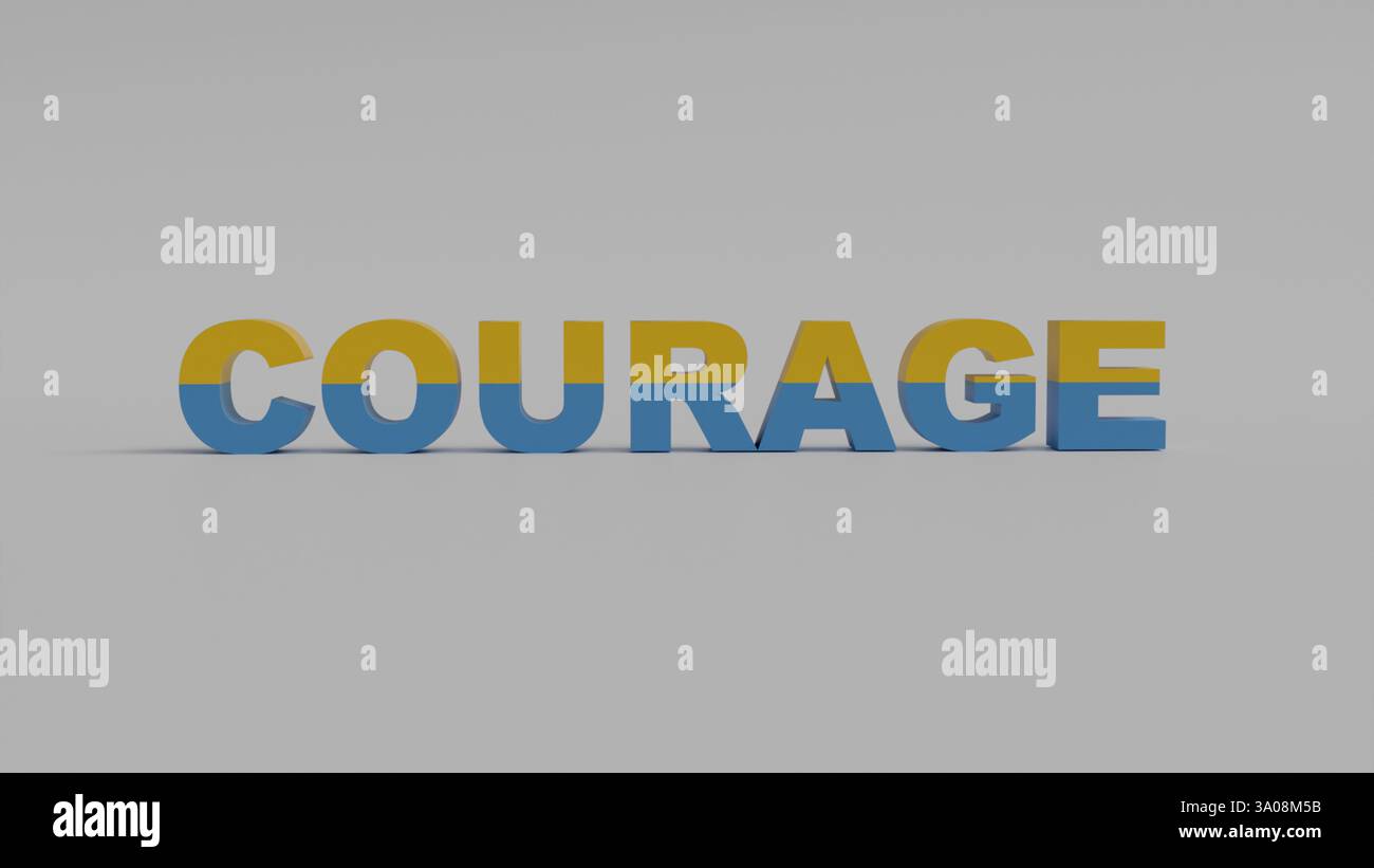 Mot texte 3D courage dans la couleur du drapeau ukrainien sur un fond clair Banque D'Images