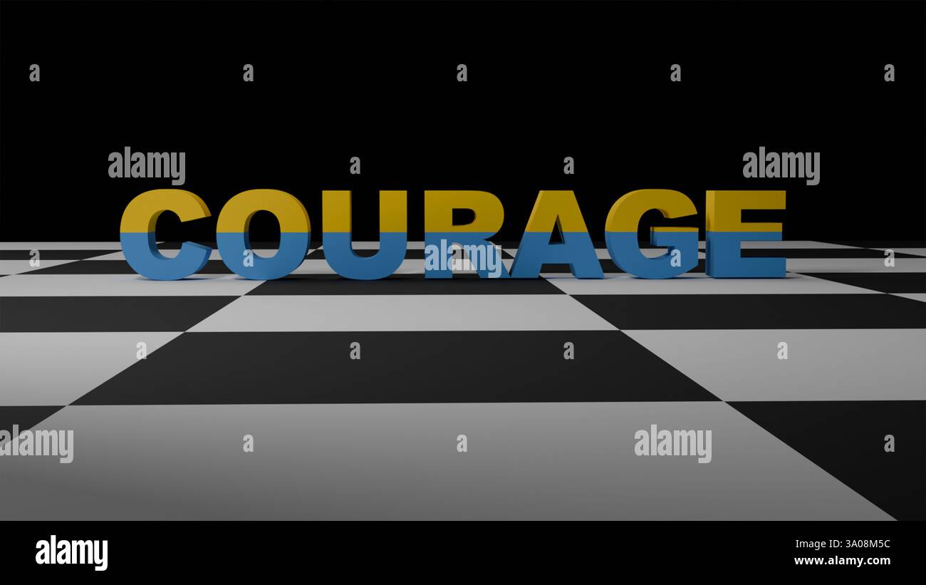 Mot texte 3D courage dans la couleur du drapeau ukrainien sur un échiquier sur fond noir Banque D'Images