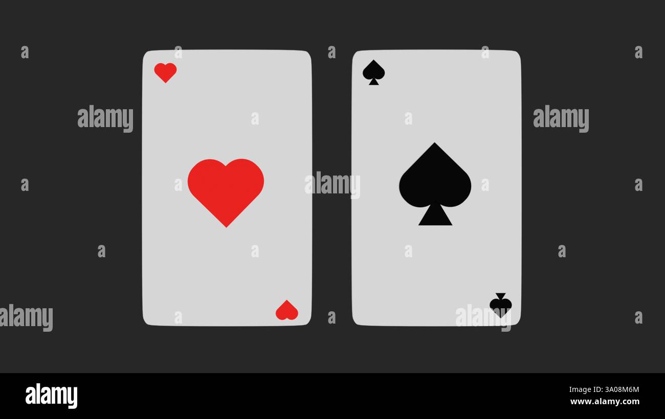Modèle 3D de deux cartes à jouer coeurs et pique sur un fond gris, jeu Banque D'Images