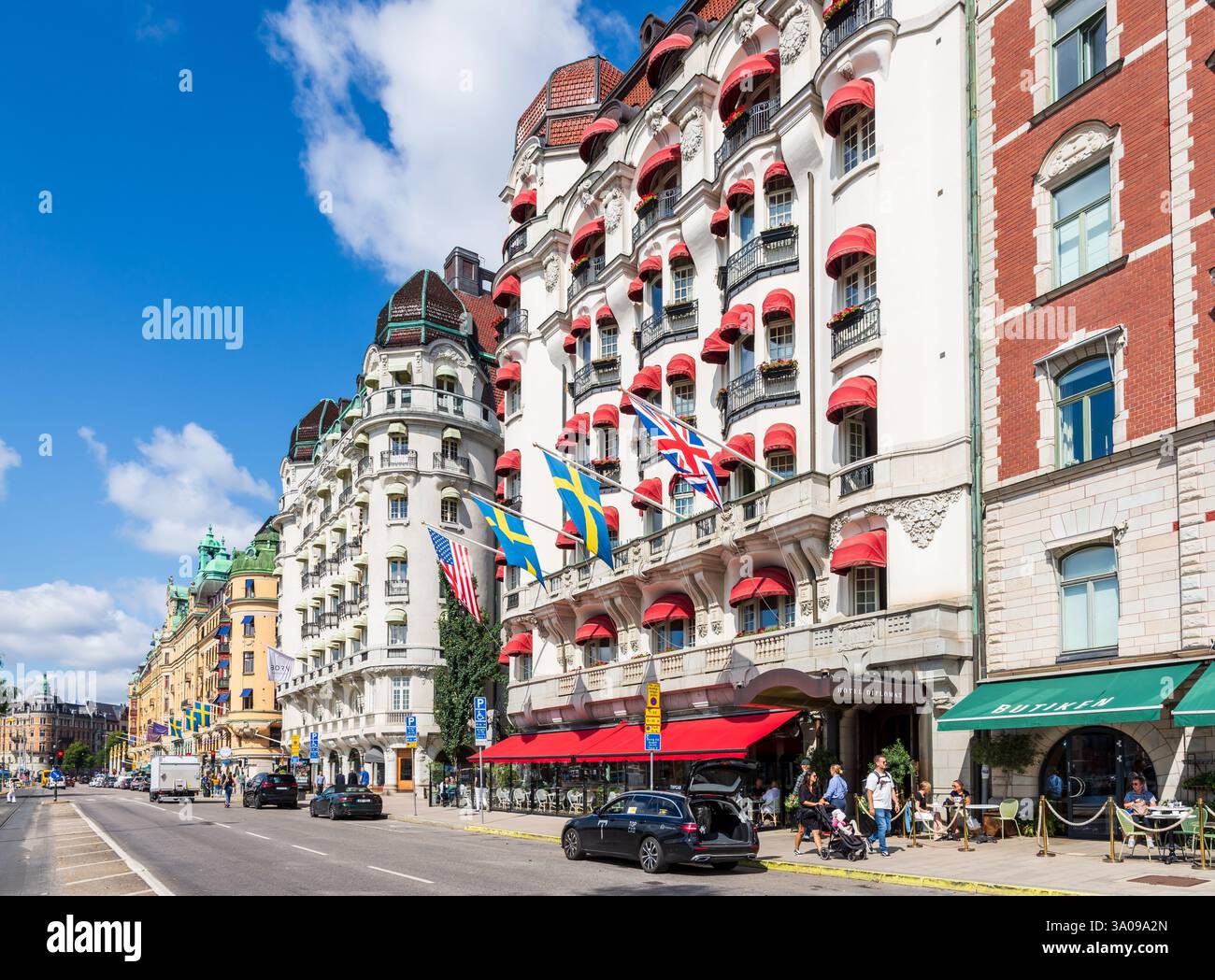 Façades Art Nouveau de l'Hôtel Diplomat et de l'Hôtel Esplanade sur Strandvägen à Stockholm, Suède, conçues par Hagström et Ekman et réalisées en 1911 Banque D'Images