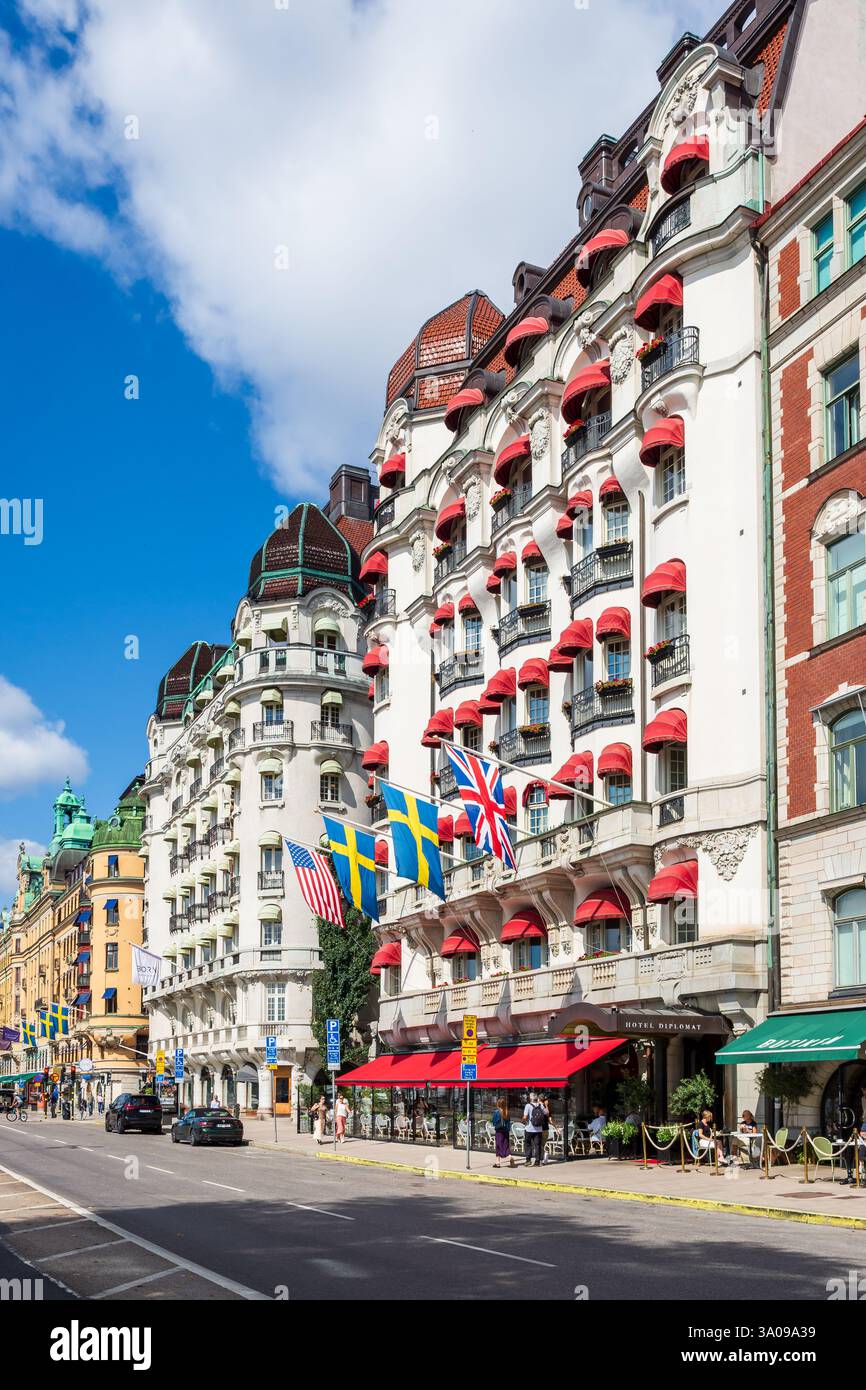 Façades Art Nouveau de l'Hôtel Diplomat et de l'Hôtel Esplanade sur Strandvägen à Stockholm, Suède, conçues par Hagström et Ekman et réalisées en 1911 Banque D'Images