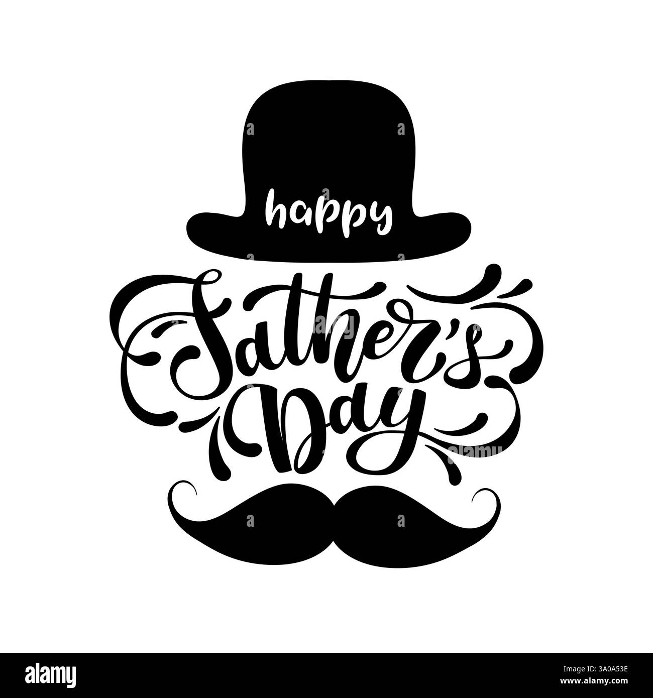 Heureux jour des pères dessin main lettrage avec moustache et chapeau, fond bleu. Illustration de Vecteur