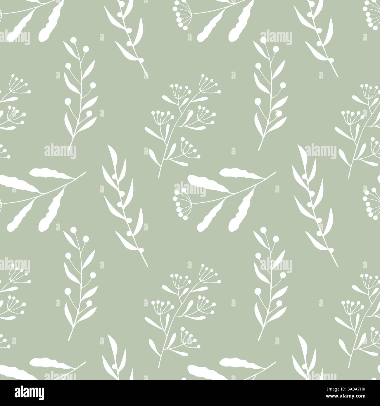 Motif botanique à base de plantes avec des brindilles stylisées doodle de couleur blanche sur fond pastel vert. Textile. Illustration vectorielle Illustration de Vecteur
