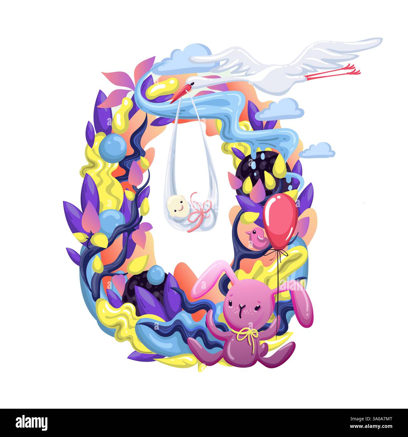 Autocollant mignon mois avec des animaux pour bébé. Fête de douche de bébé, autocollant de mois. Numéro 0. Heureuse naissance. Vecteur EPS10. Illustration de Vecteur