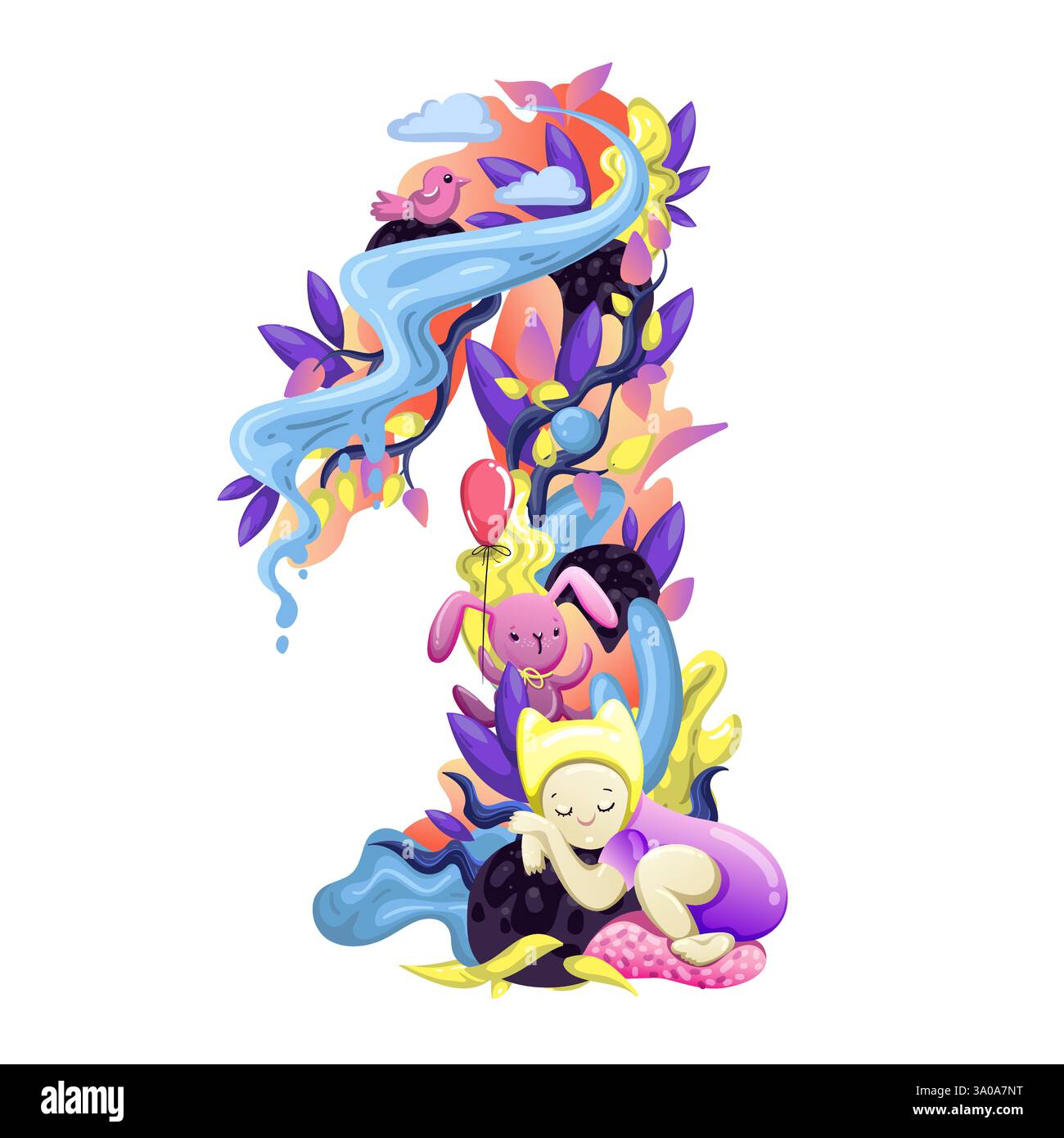 Autocollant mignon mois avec des animaux pour bébé. Fête de douche de bébé, autocollant de mois. Numéro 1. Heureuse naissance. Vecteur EPS10. Illustration de Vecteur