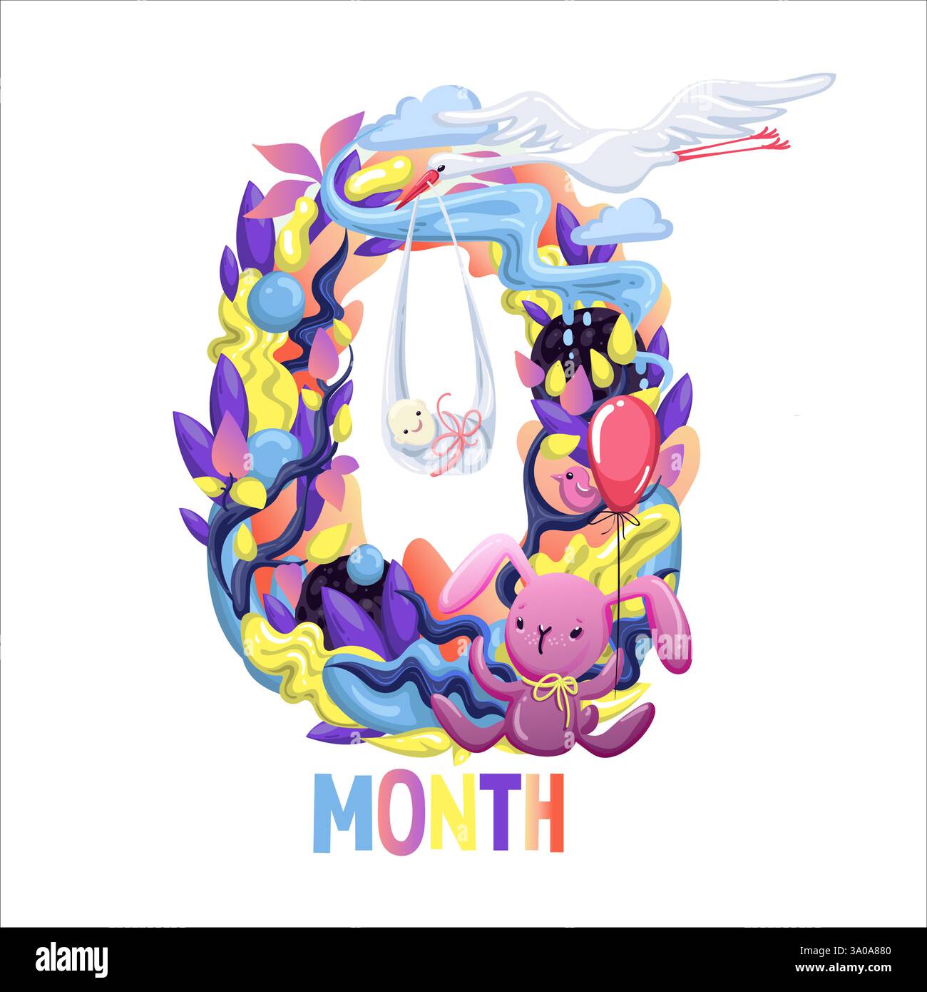 Autocollant mignon mois avec des animaux pour bébé. Fête de douche de bébé, autocollant de mois. Numéro 0. Heureuse naissance. Vecteur EPS10. Illustration de Vecteur