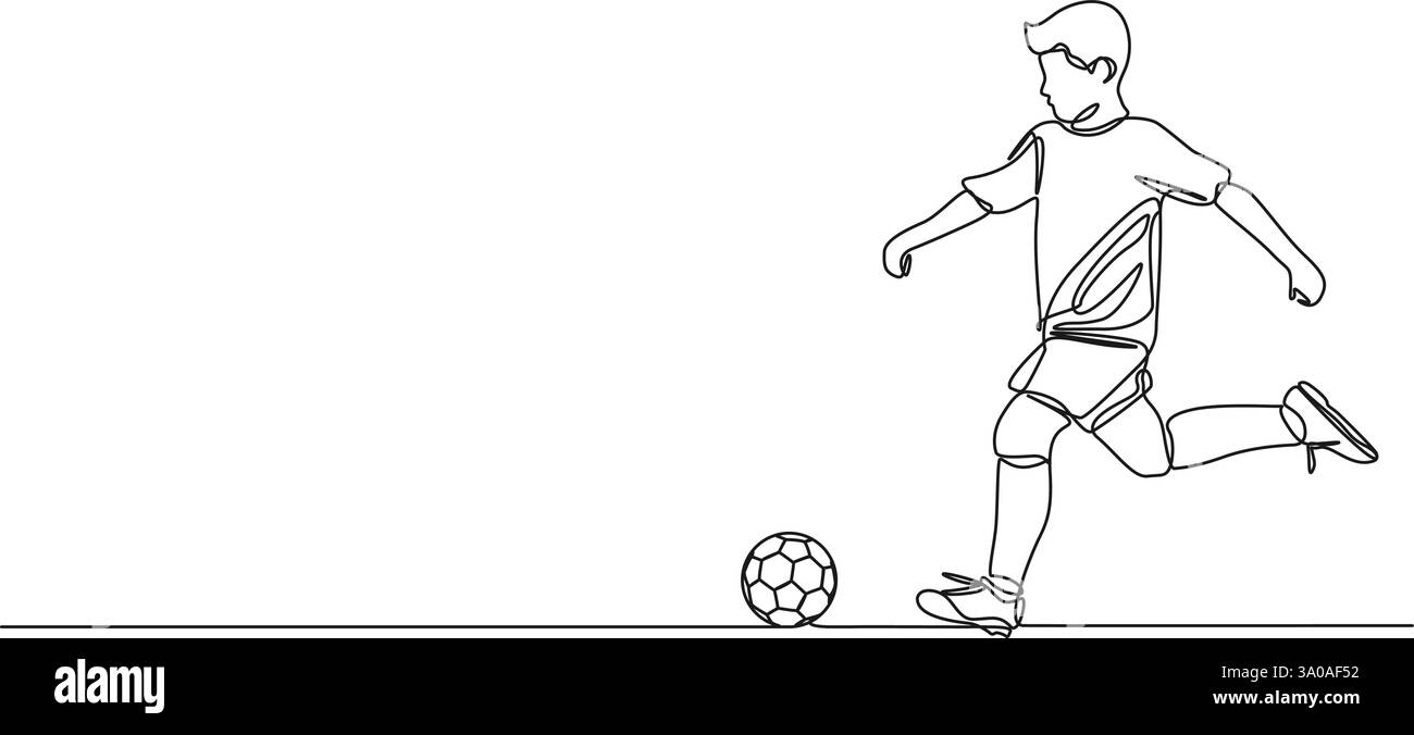 dessin continu d'une seule ligne de garçon jouant au football, illustration vectorielle d'art au trait Illustration de Vecteur