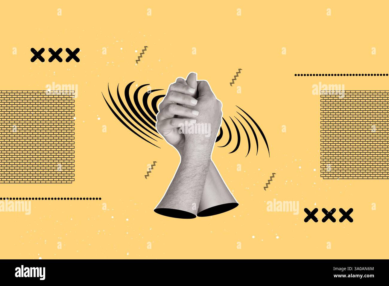 Mains d'homme et de femme serrées sur un fond jaune avec des lignes, des points et des formes de briques Banque D'Images