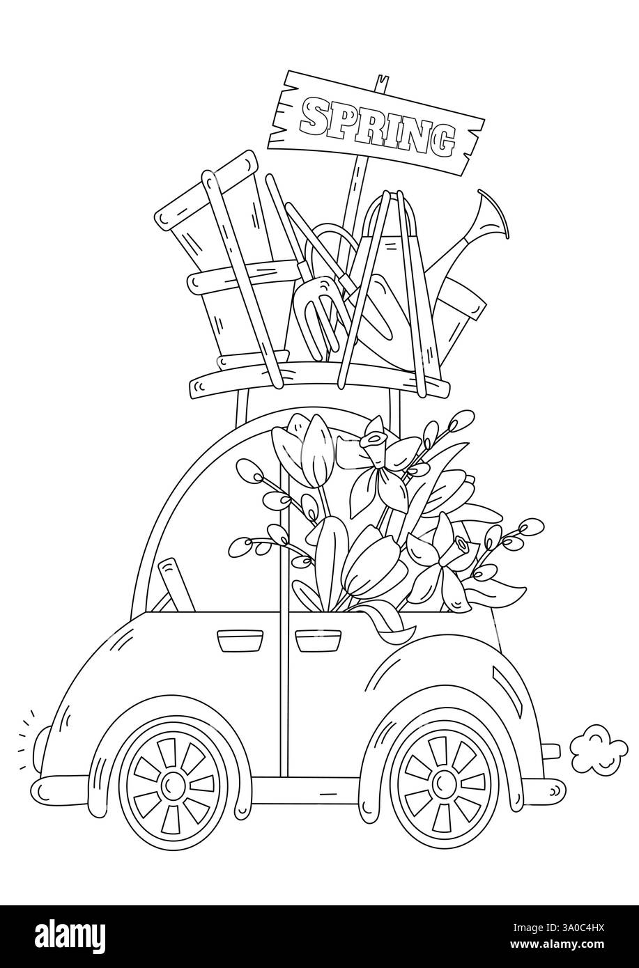 Printemps Coloriage page pour adultes et enfants et Une voiture avec des fleurs et tout pour le jardin Illustration de Vecteur