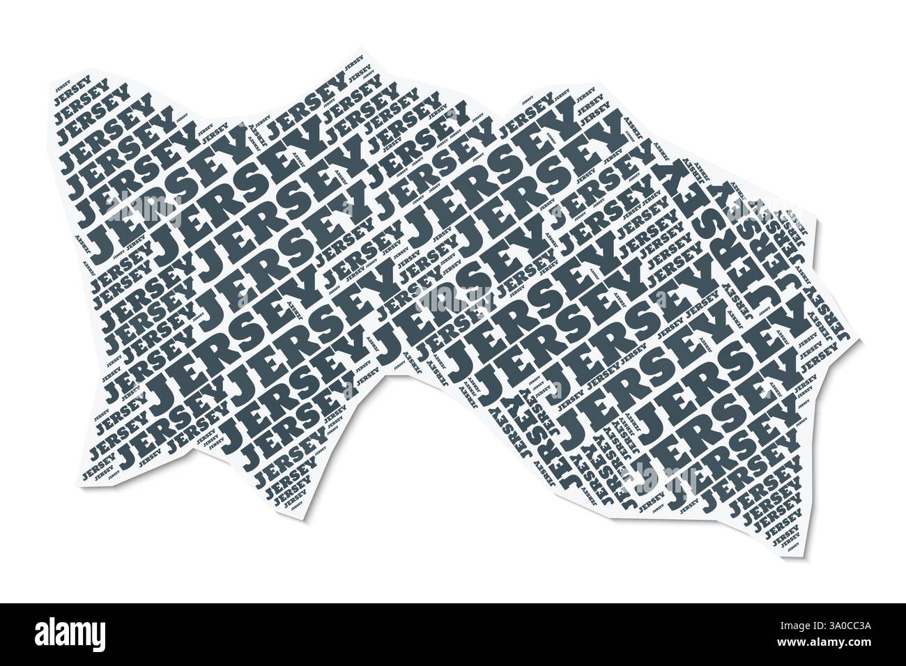 Nuage de texte en forme de jersey. Frontière de pays avec ombre sur fond blanc. Jersey avec division des régions dans le style vintage gazette. Illustration de Vecteur