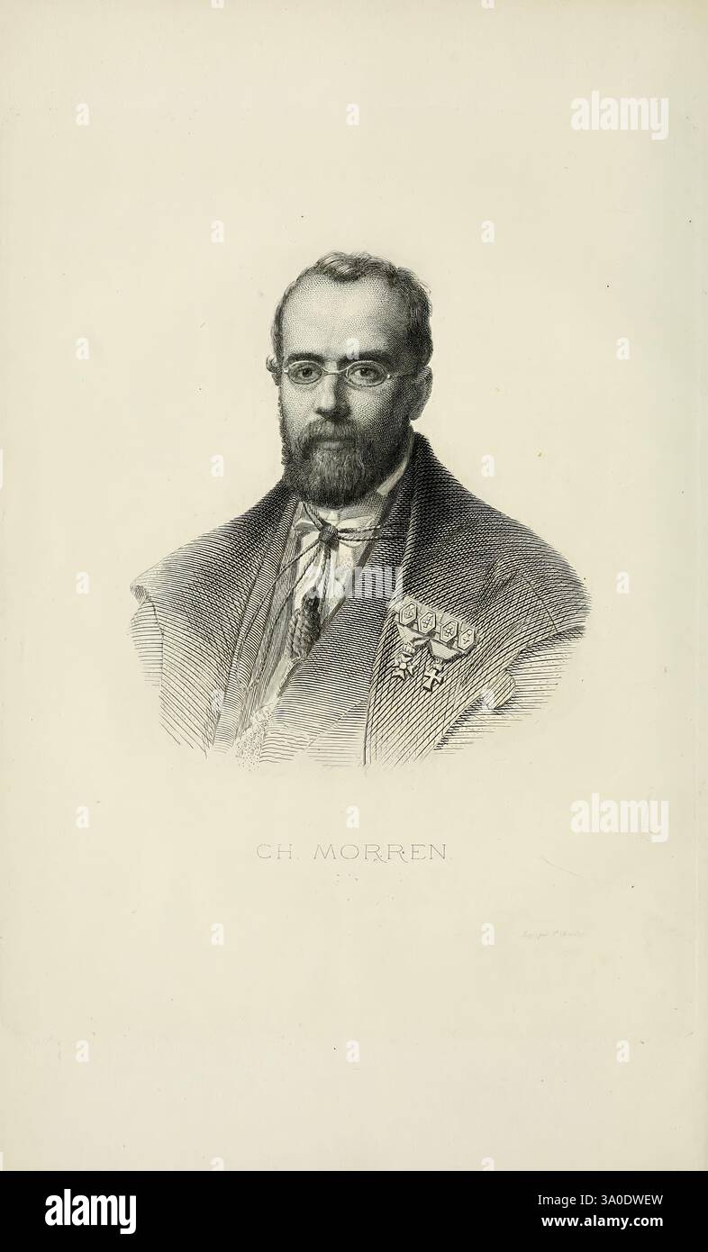 Belgique horticole. Liége. Botanique horticulture périodiques plantes, Un portrait digne d'un homme avec une barbe bien soignée et des lunettes, habillé en tenue formelle. Il porte un manteau orné de médailles, suggérant un fond d'honneur ou de réalisation. L'expression du sujet reflète l'intelligence et le sérieux, indiquant une figure respectée. Sous l'image, le nom 'CH. MORREN' est inscrit, faisant allusion à son identité ou sa contribution à la société. Banque D'Images