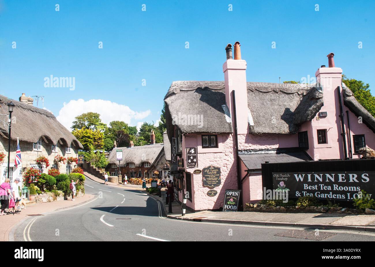 Route passant par Old Shanklin devant les gagnants Old Thatch Teashop des meilleurs salons de thé et jardins de thé et le Village Inn sur l'île de White Banque D'Images