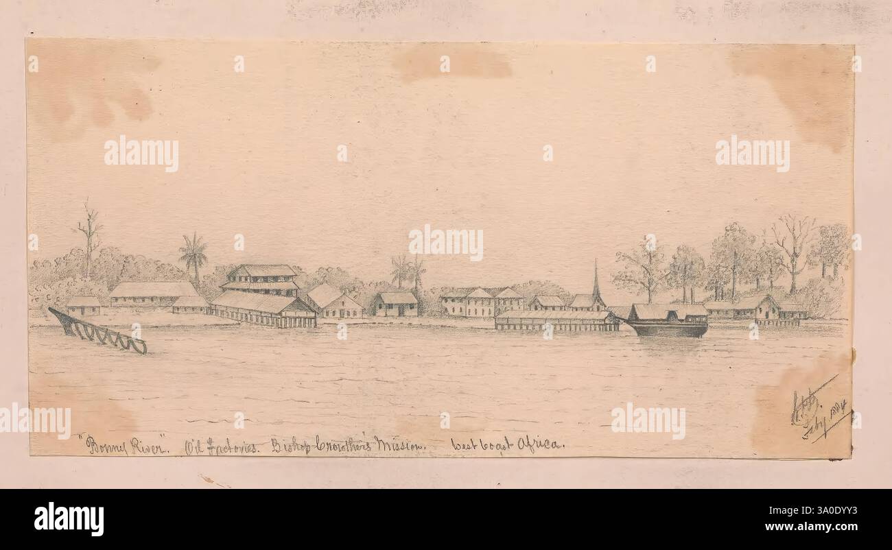 Chasse et autres croquis en Afrique centrale, Congo, Kwilu, et district de la côte sud-ouest 1884-1888, Afrique centrale, Nzaubula, œuvres picturales, carnets de croquis, Travel, Une scène sereine au bord de la rivière représentant un village pittoresque le long du bord de l'eau. Des arbres luxuriants bordent les berges, fournissant un encadrement naturel à une série de bâtiments modestes qui reflètent un sentiment de communauté. Les bateaux sont attachés près du rivage, ce qui laisse entendre l'importance de la rivière comme moyen de transport et de subsistance. Les détails délicats capturent les contours des structures et les ondulations douces de l'eau, tandis que les palmiers Banque D'Images