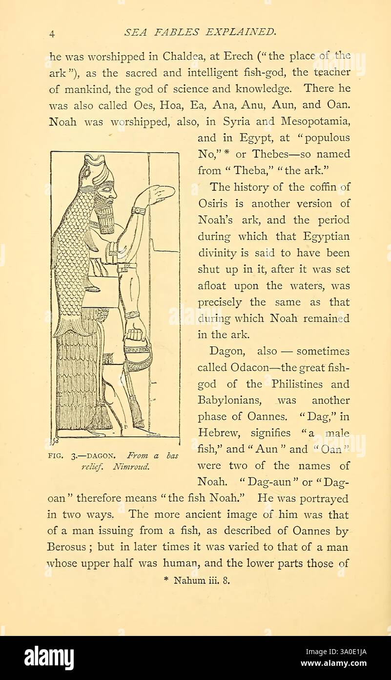 Sea fables a expliqué London W. Clowes and sons ltd. 1883 océan Halloween folklore monstres réels, le texte décrit le culte de Dagon, une divinité importante associée à l'agriculture et aux poissons, en particulier dans les cultures anciennes de Chaldée et d'Erec. Il souligne le lien de Dagon avec la mer et le rôle qu'il a joué dans la vie des gens, qui le considéraient comme un protecteur des poissons et une garantie de récoltes abondantes dans l'eau. Le document mentionne également son association avec la divinité Osiris et discute de diverses interprétations de l'identité de Dagon, y compris des représentations contrastées Banque D'Images