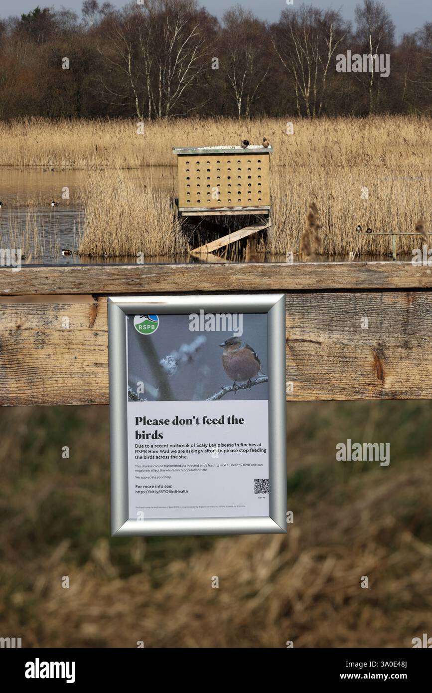 Mars 2025 - S'il vous plaît ne pas nourrir le panneau oiseaux à RSPB Ham Wall, Somerset, Engalnd, Royaume-Uni. Banque D'Images