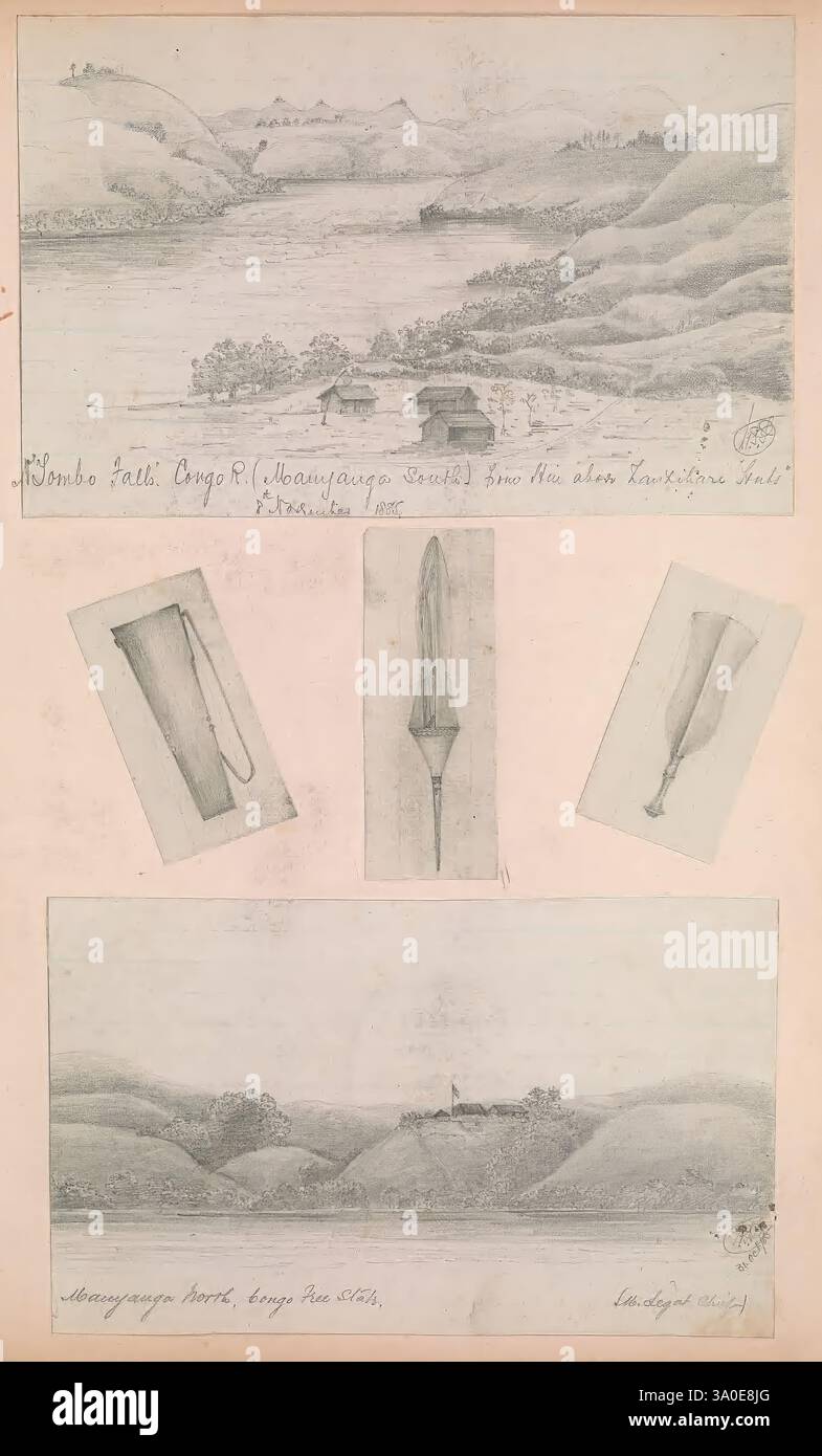 Chasse, autres croquis en Afrique centrale, Congo, Kwilu, South West Coast District 1884-1888, Afrique centrale, Nzaubula, oeuvres picturales, carnets de croquis, voyage, la scène représente un paysage serein avec des collines ondulantes, avec une rivière serpentant à travers le premier plan. Dans la partie supérieure, un rendu artistique capture une vue lointaine d'une colonie le long de la rivière, encadrée par une végétation luxuriante et des arbres en surplomb. Ci-dessous, une représentation détaillée de deux artefacts est présentée : l'un ressemblant à un outil traditionnel avec une forme allongée mince, et l'autre un objet conique effilé, possi Banque D'Images