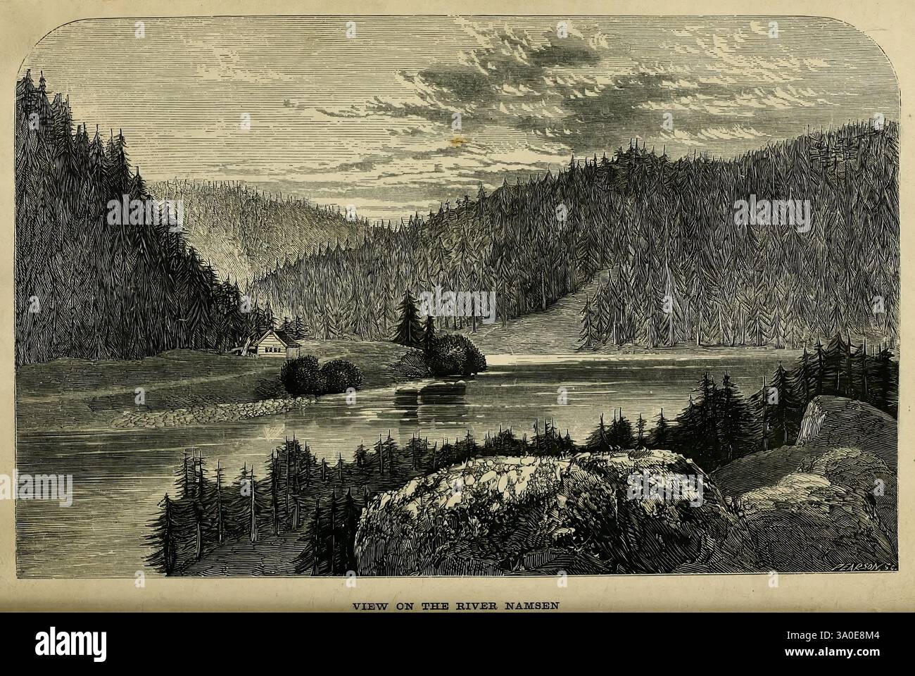 Seasons with the Sea-Horses, Londres, 1861., Un paysage serein avec une rivière calme serpentant à travers une vallée luxuriante entourée de collines boisées denses. Au premier plan, un grand rocher jaillit de l'eau, ajoutant de la profondeur à la scène. À gauche, une maison pittoresque est nichée parmi les arbres, suggérant un mélange harmonieux de nature et d'habitation humaine. Le ciel au-dessus est rempli de diverses formations nuageuses, faisant allusion à un système météorologique dynamique. Ce cadre pittoresque évoque un sentiment de tranquillité et de connexion avec le monde naturel, illustrant la beauté des environs de la rivière. Banque D'Images