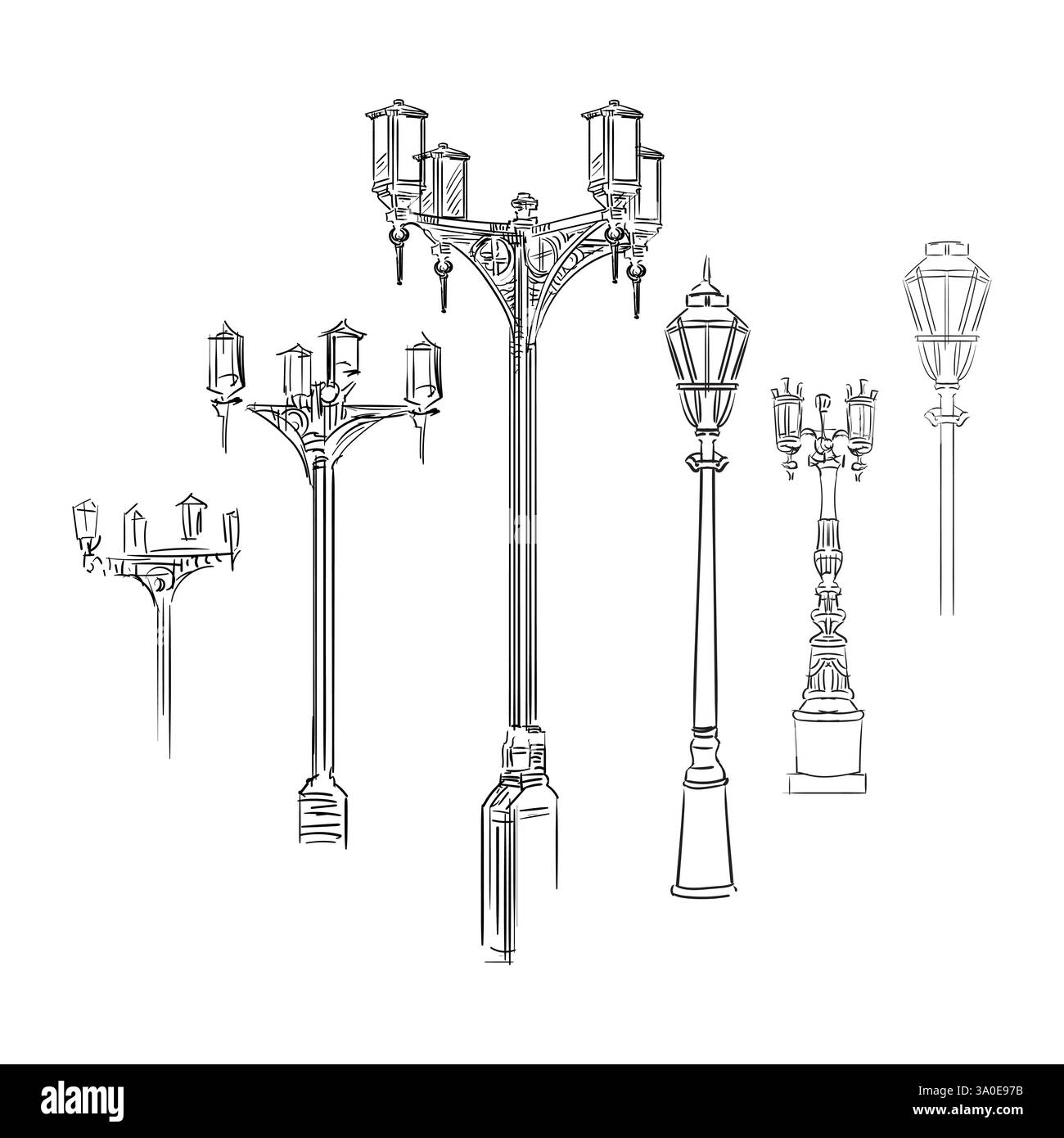 Lampadaire ancien. Jeu de lanternes à dessin à la main. Illustration de dessin de main de vecteur en couleur noire isolée sur fond blanc. Ensemble d'éléments de conception Illustration de Vecteur