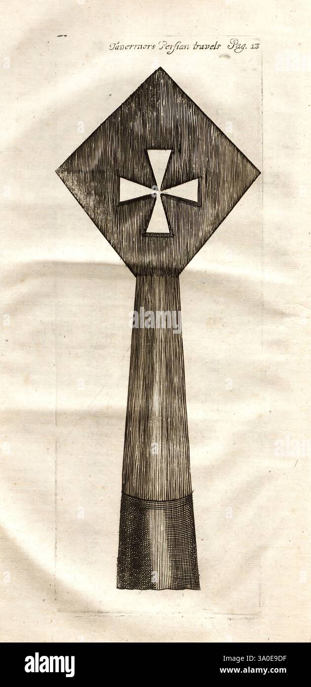 Les six voyages de John Baptista Tavernier, Londres, imprimés pour R.L. et M. P, 1678, Inde, Turquie, Iran, description et voyage, voyages et voyages, un objet orné avec une tête en forme de losange avec un motif de croix proéminent en son centre. Le manche est allongé et évasé à la base, suggérant qu'il peut servir d'outil cérémoniel ou symbolique. Les lignes détaillées évoquent un sens de l'artisanat, tandis que la forme globale transmet un mélange d'élégance et de fonctionnalité. Les éléments environnants impliquent une signification historique ou culturelle, potentiellement liée à la gouvernance ou au leadership. La conception su Banque D'Images