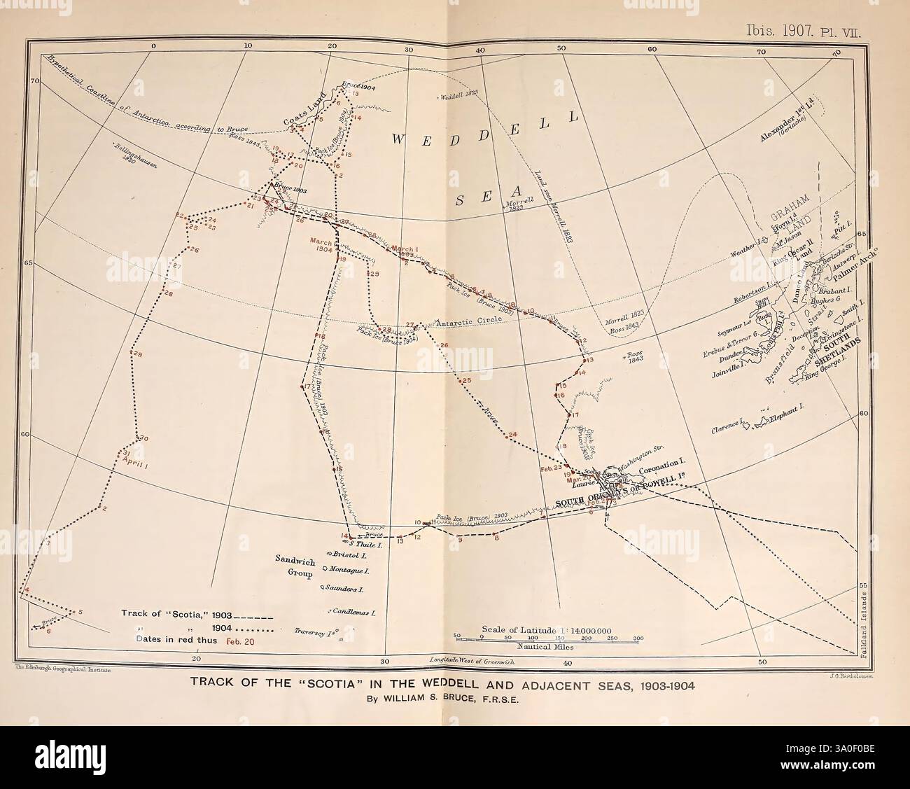 Ibis, Londres, publié pour l'Union britannique des ornithologues par Academic Press, Ornithology, périodiques, la carte illustre la trajectoire du navire 'Scotia' à travers la mer de Weddell et les régions environnantes au cours des années 1903 à 1904. Les lignes pointillées rouges indiquent les itinéraires empruntés par le navire, tandis que divers emplacements étiquetés mettent en évidence des caractéristiques géographiques importantes et des points d'intérêt rencontrés pendant l'expédition. Des sites importants, tels que les îles et les régions marines, sont annotés, fournissant un contexte aux efforts d'exploration dans les eaux antarctiques. La carte comprend également des détails sur le da Banque D'Images