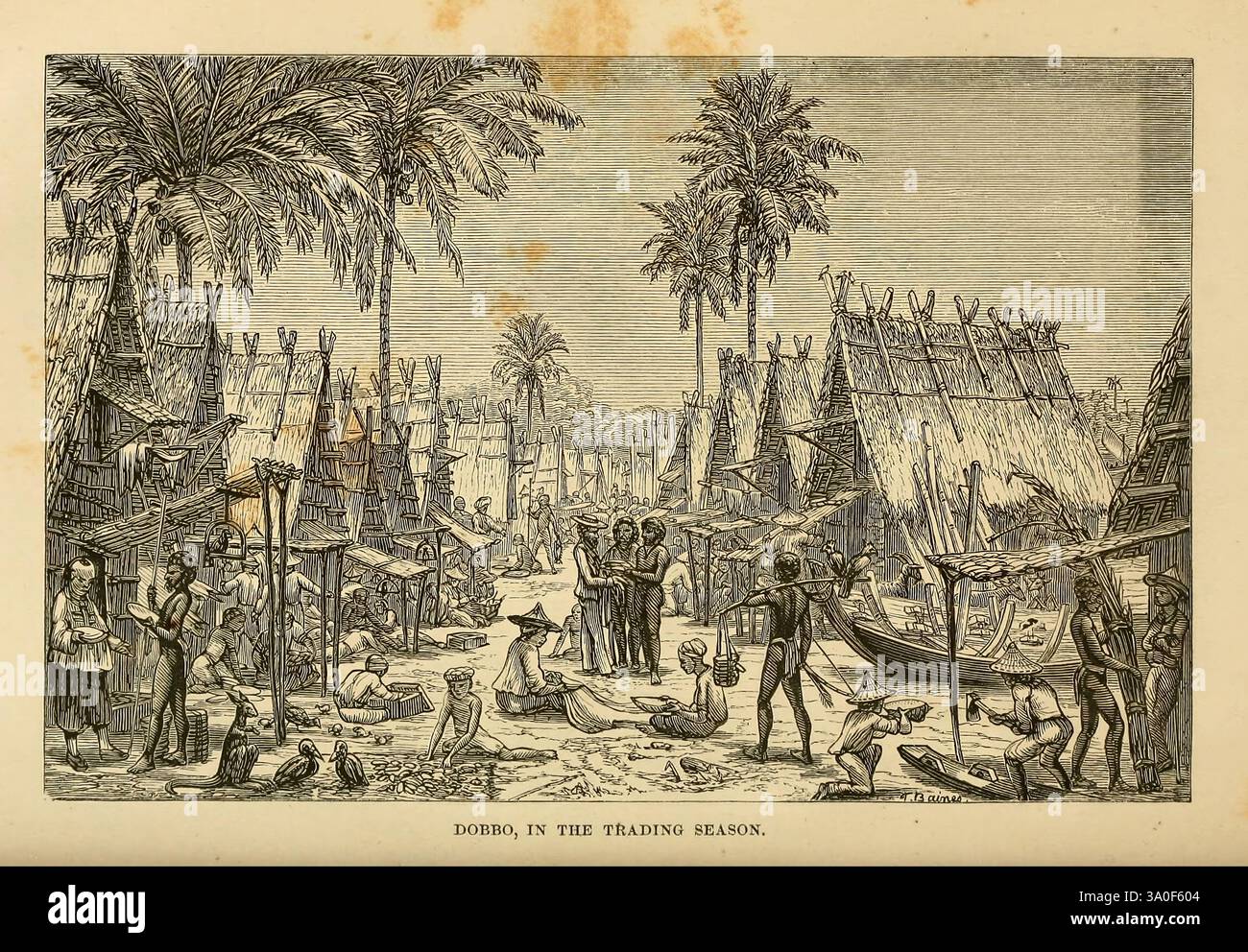 L'archipel malais New York Harper & Brothers 1869 histoire naturelle Ethnologie archipel malais Description et voyage Woods Hole, la scène présente un paysage tropical animé, mettant en vedette un groupe diversifié de personnes engagées dans diverses activités. Au centre, quelques personnes interagissent, échangeant peut-être ou discutant, tandis que d'autres sont vues s'occuper des cultures et préparer la nourriture au premier plan. L'architecture reflète des structures traditionnelles, avec des toits de chaume, sur fond de grands palmiers et un vaste ciel. L'atmosphère transmet un sentiment de communauté et de vie quotidienne Banque D'Images