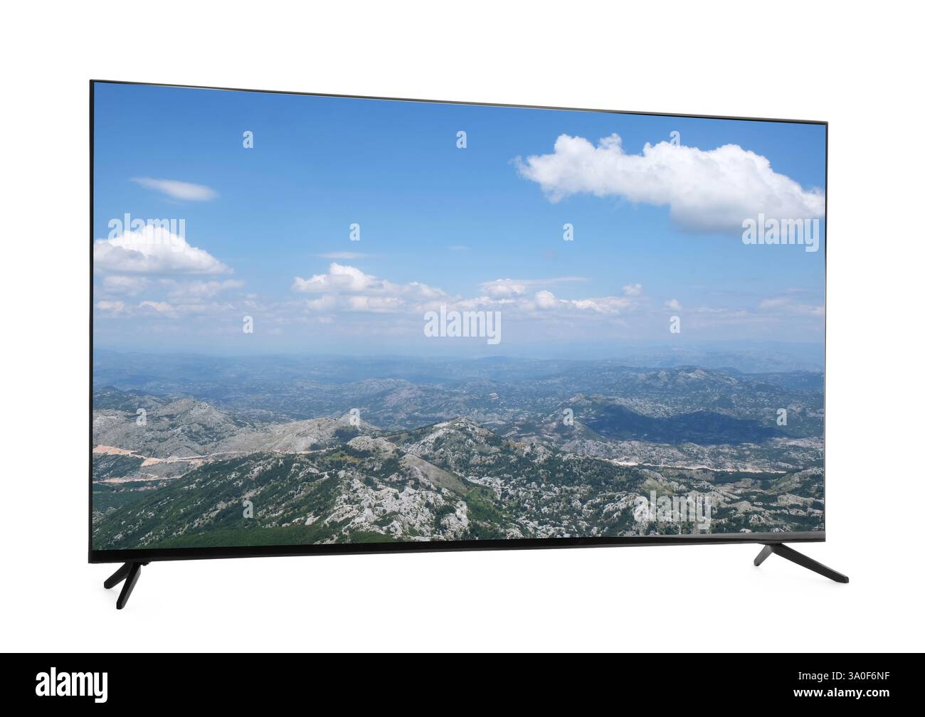 Téléviseur avec paysage de montagne sur écran isolé sur blanc Banque D'Images