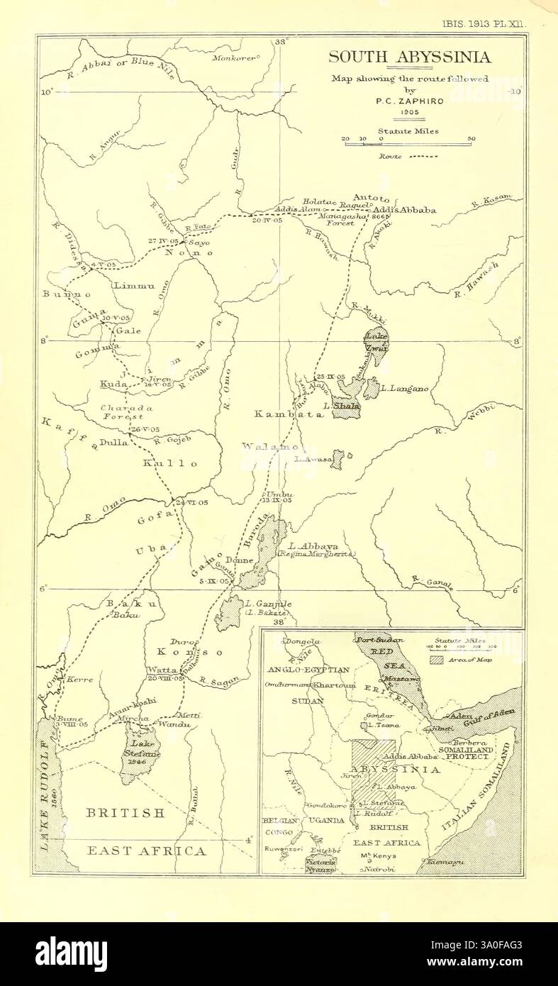 Ibis, Londres, publié pour l'Union britannique des ornithologues par Academic Press, ornithologie, périodiques, Une carte historique détaillant la région de l'Abyssinie du Sud, présentant diverses caractéristiques géographiques, villes et itinéraires de transport. Les lieux clés sont marqués, y compris les grandes villes et les limites de ce qui est identifié comme l'Afrique orientale britannique. La carte met en évidence le réseau complexe de routes et de sentiers qui relient les différentes zones, en mettant l’accent sur la topographie et les divisions administratives de la région au cours de la période spécifiée. Diverses étiquettes et notations permettent d'en savoir plus sur Banque D'Images